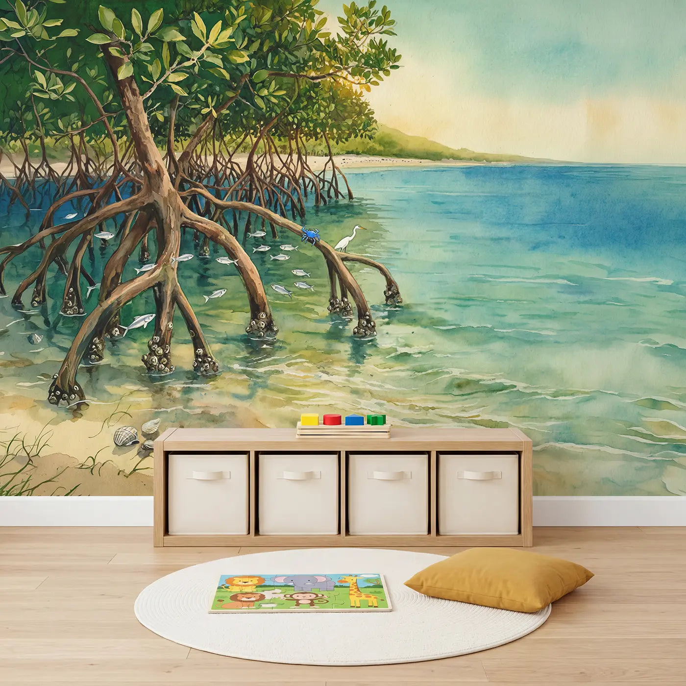 Mangrove Coast Watercolor Wallpaper Mural in playroom setting by Whimsy Tots