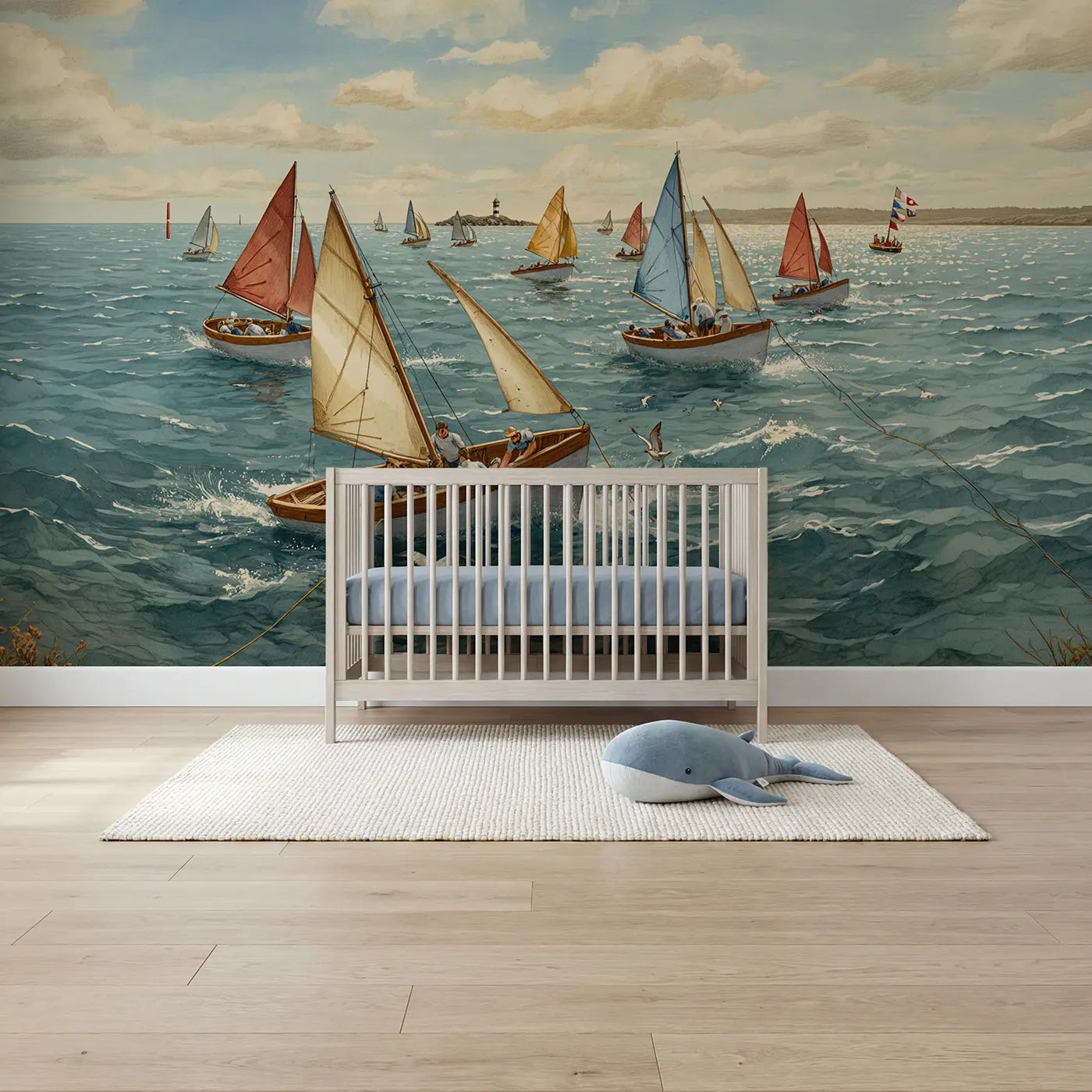 Storybook sailboat race with spinnakers wallpaper mural for boys room by Whimsy Tots