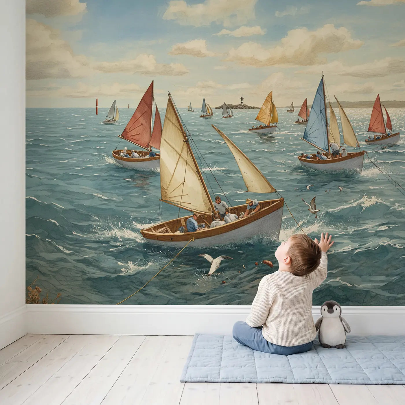 Child in nursery with Sailboat Spinnaker Race Wallpaper Mural by Whimsy Tots