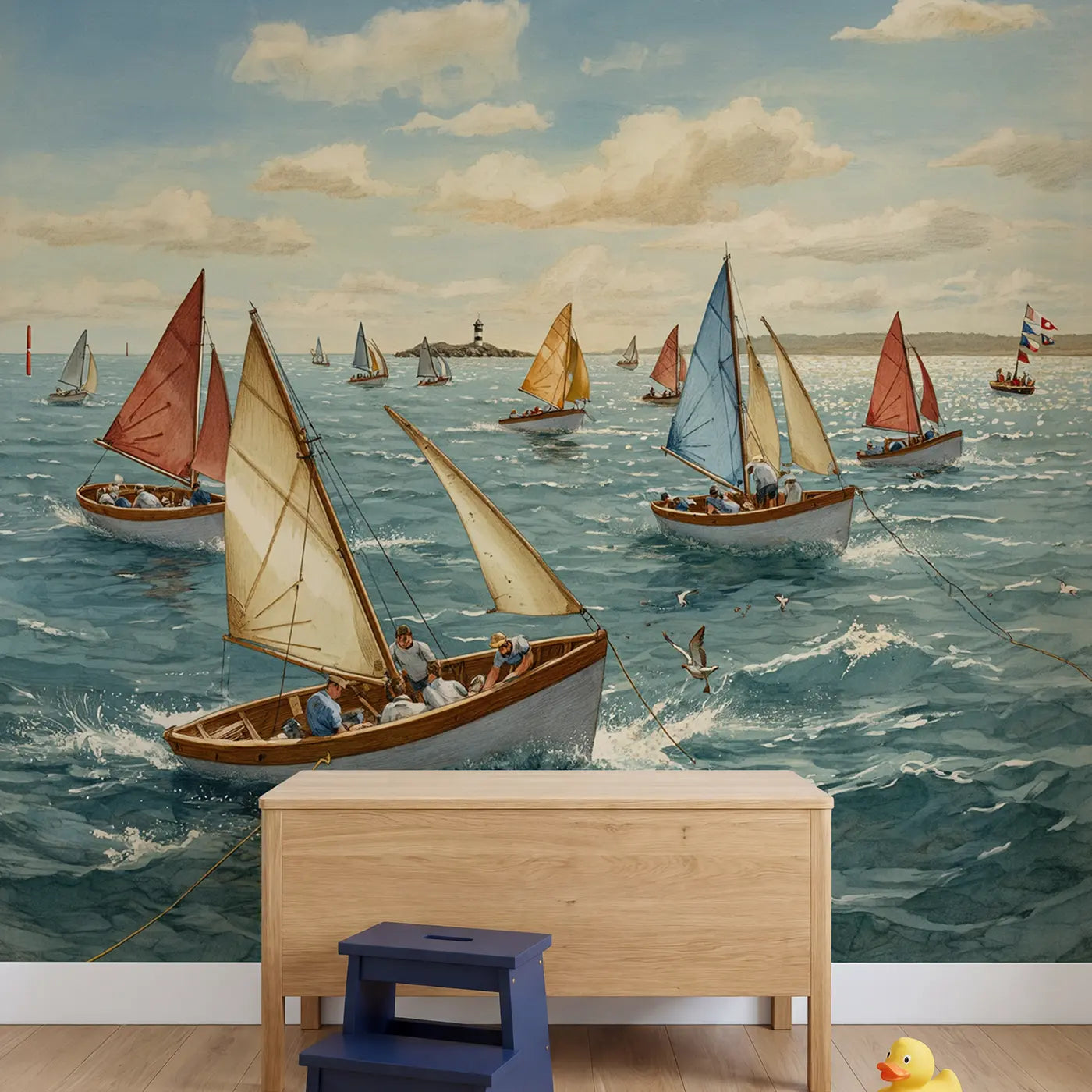 Sailboat Spinnaker Race Wallpaper Mural in playroom setting by Whimsy Tots