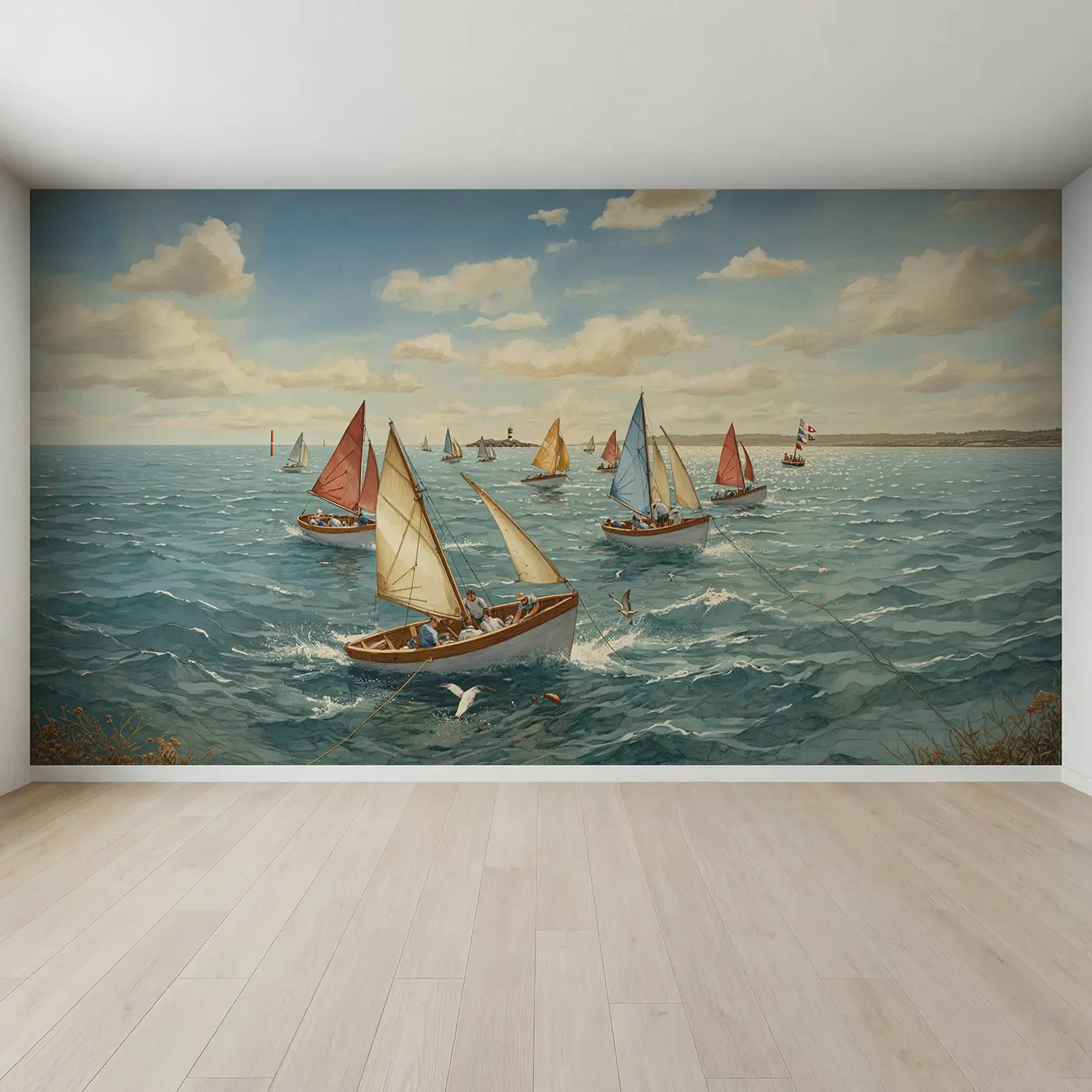 Full view of Sailboat Spinnaker Race Wallpaper Mural by Whimsy Tots