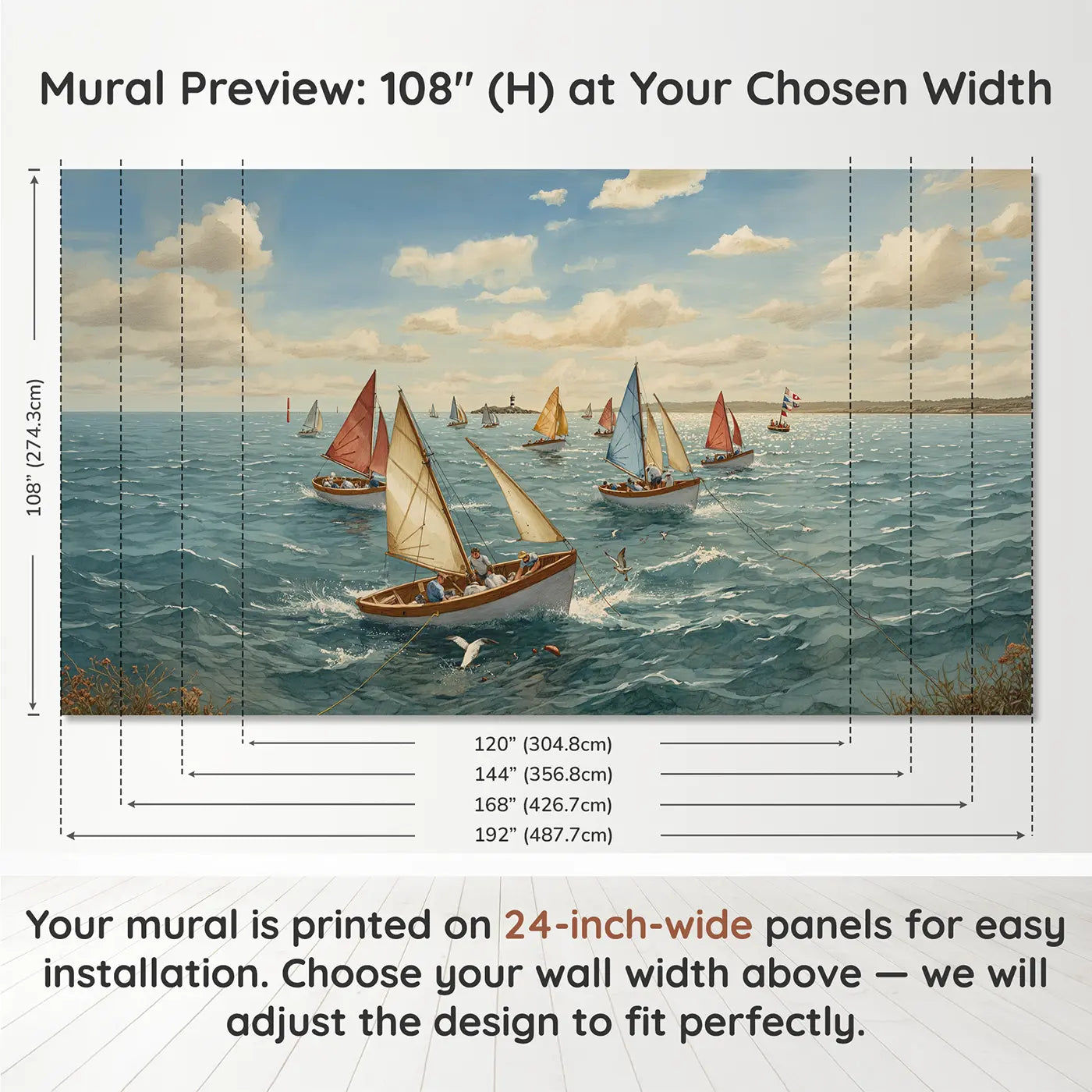 Panel layout and dimensions for Sailboat Spinnaker Race Wallpaper Mural by Whimsy Tots