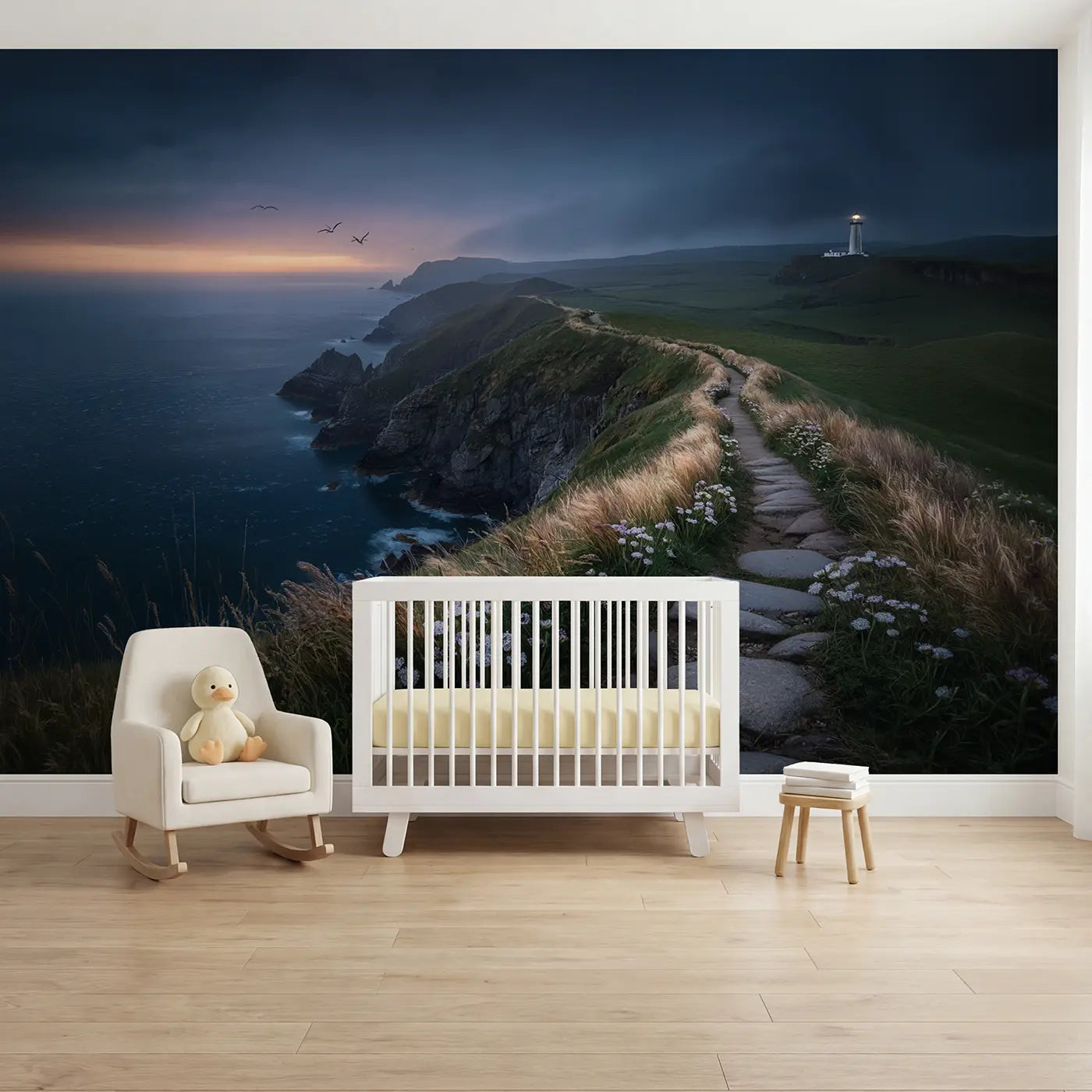 Soft Pastel twilight coastal cliff path wallpaper mural for kids room by Whimsy Tots