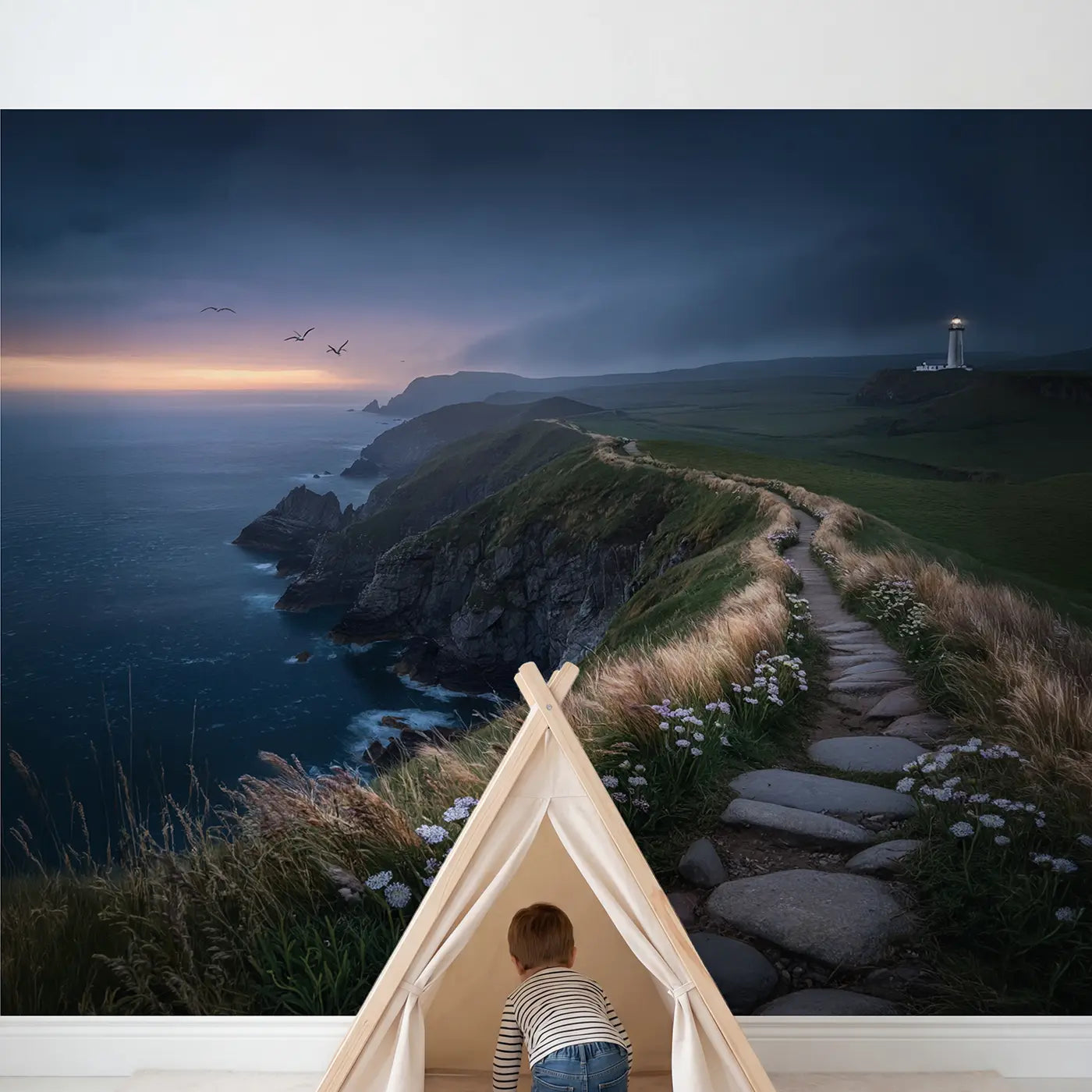 Child in nursery with Twilight Coastal Cliff Path Wallpaper Mural by Whimsy Tots
