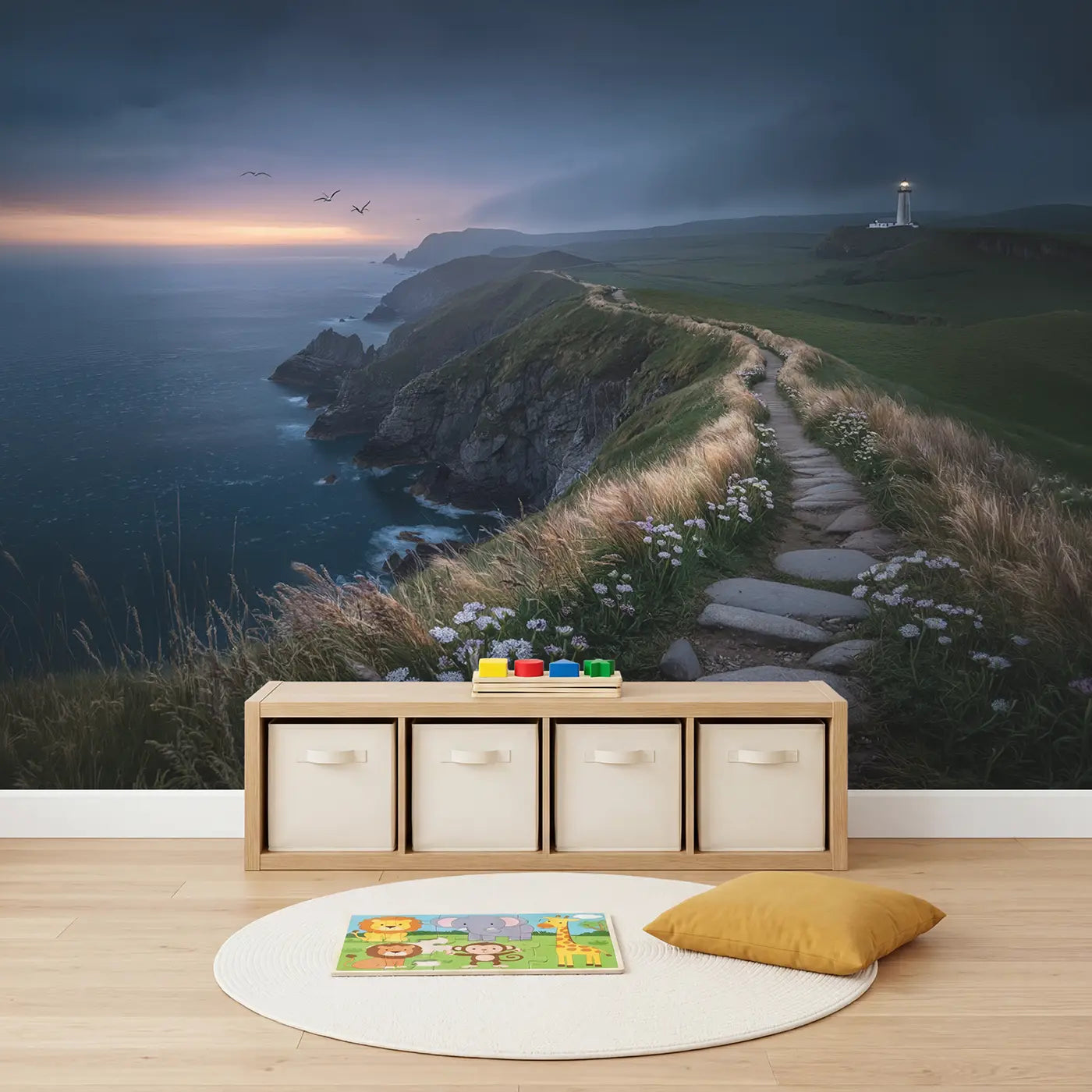Twilight Coastal Cliff Path Wallpaper Mural in playroom setting by Whimsy Tots