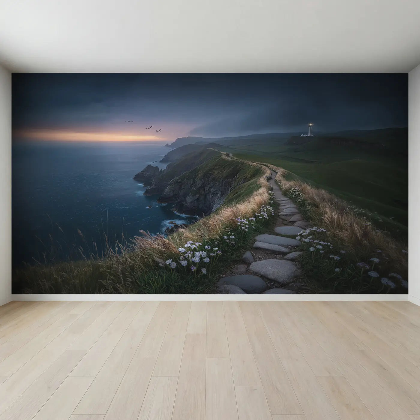 Full view of Twilight Coastal Cliff Path Wallpaper Mural by Whimsy Tots