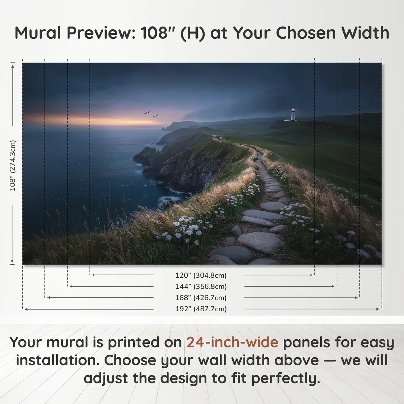 Panel layout and dimensions for Twilight Coastal Cliff Path Wallpaper Mural by Whimsy Tots