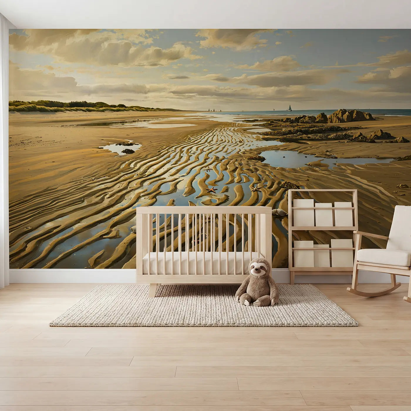 Painted landscape low tide sand beach wallpaper mural for nursery by Whimsy Tots