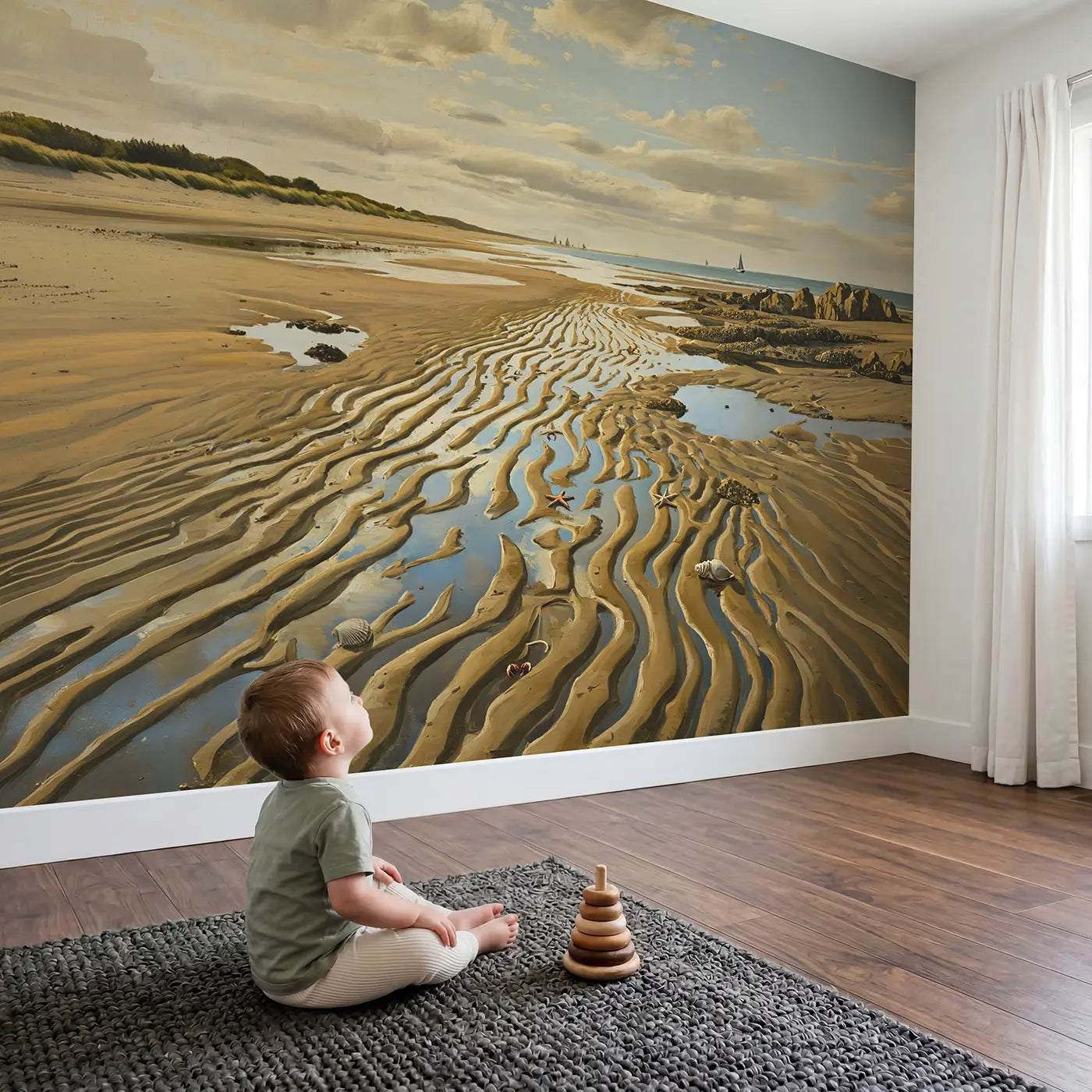 Child in nursery with Low Tide Sand Patterns Wallpaper Mural by Whimsy Tots