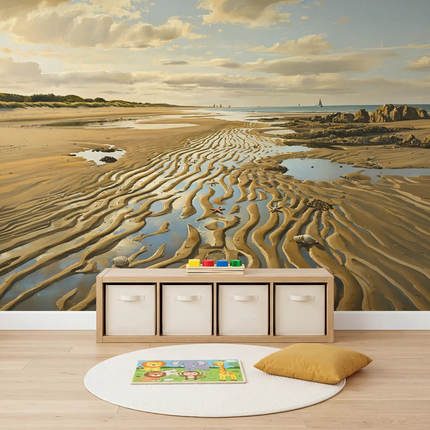 Low Tide Sand Patterns Wallpaper Mural in playroom setting by Whimsy Tots