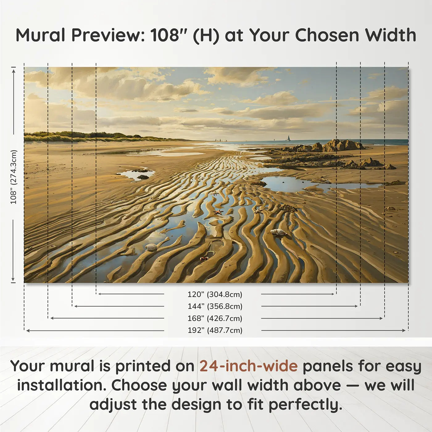 Panel layout and dimensions for Low Tide Sand Patterns Wallpaper Mural by Whimsy Tots
