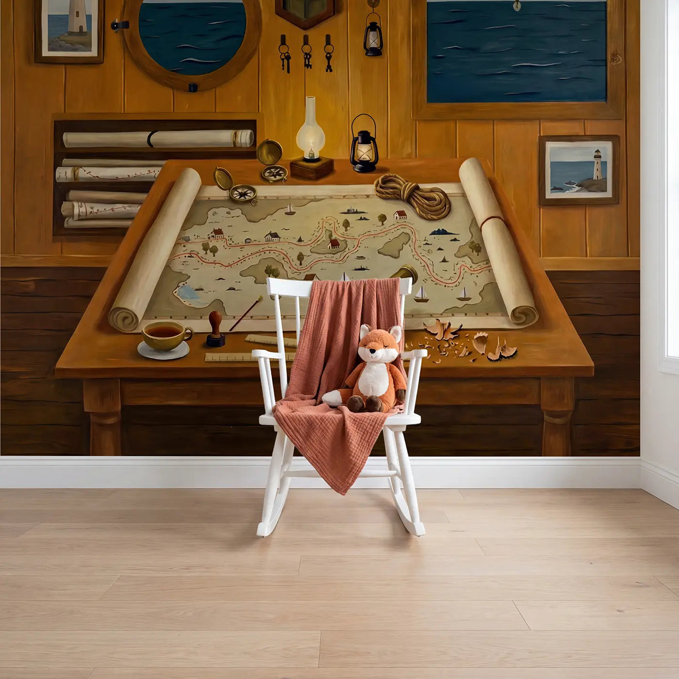 Gouache illustration compass and treasure map wallpaper mural for girls room by Whimsy Tots