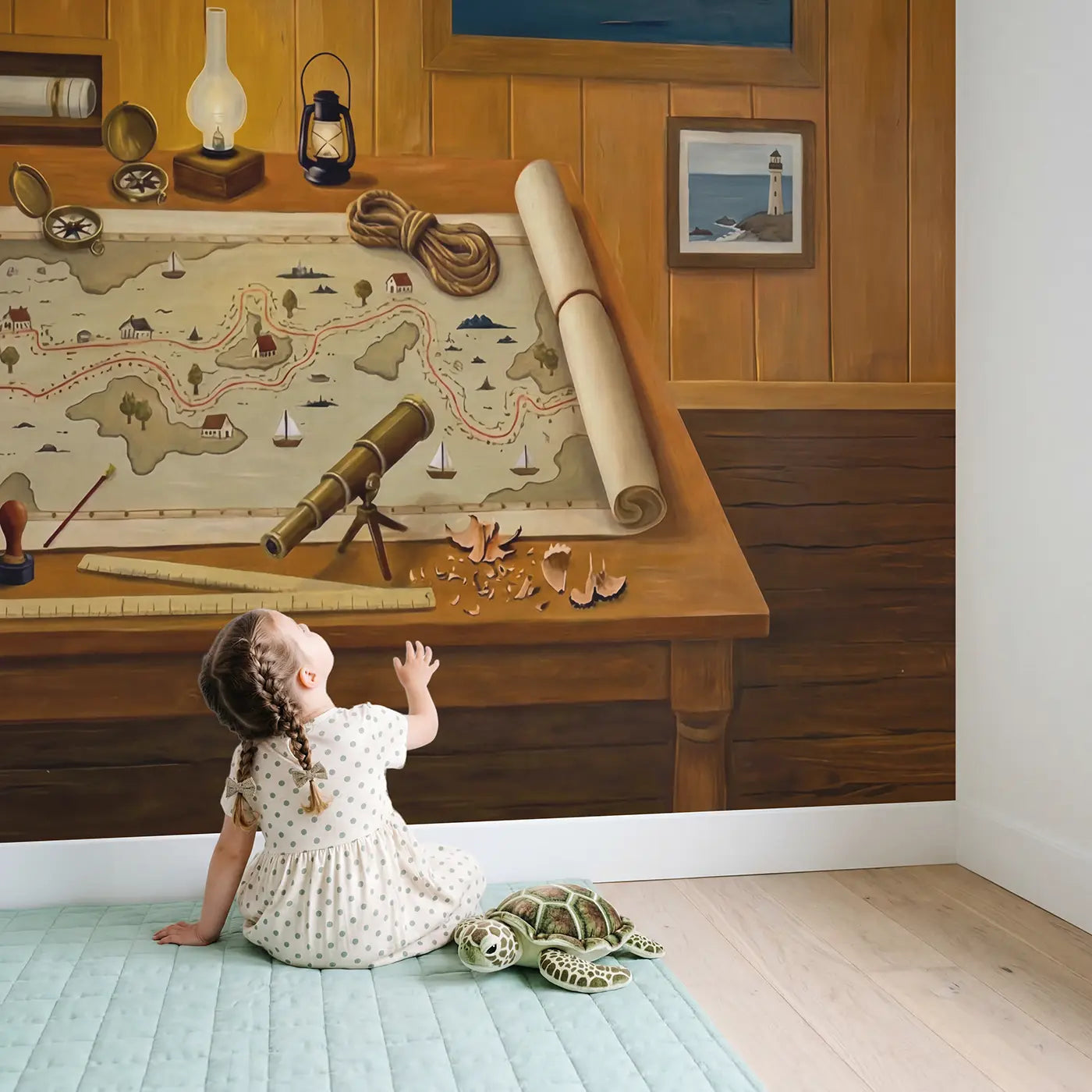 Child in nursery with Nautical Chart Table Wallpaper Mural by Whimsy Tots