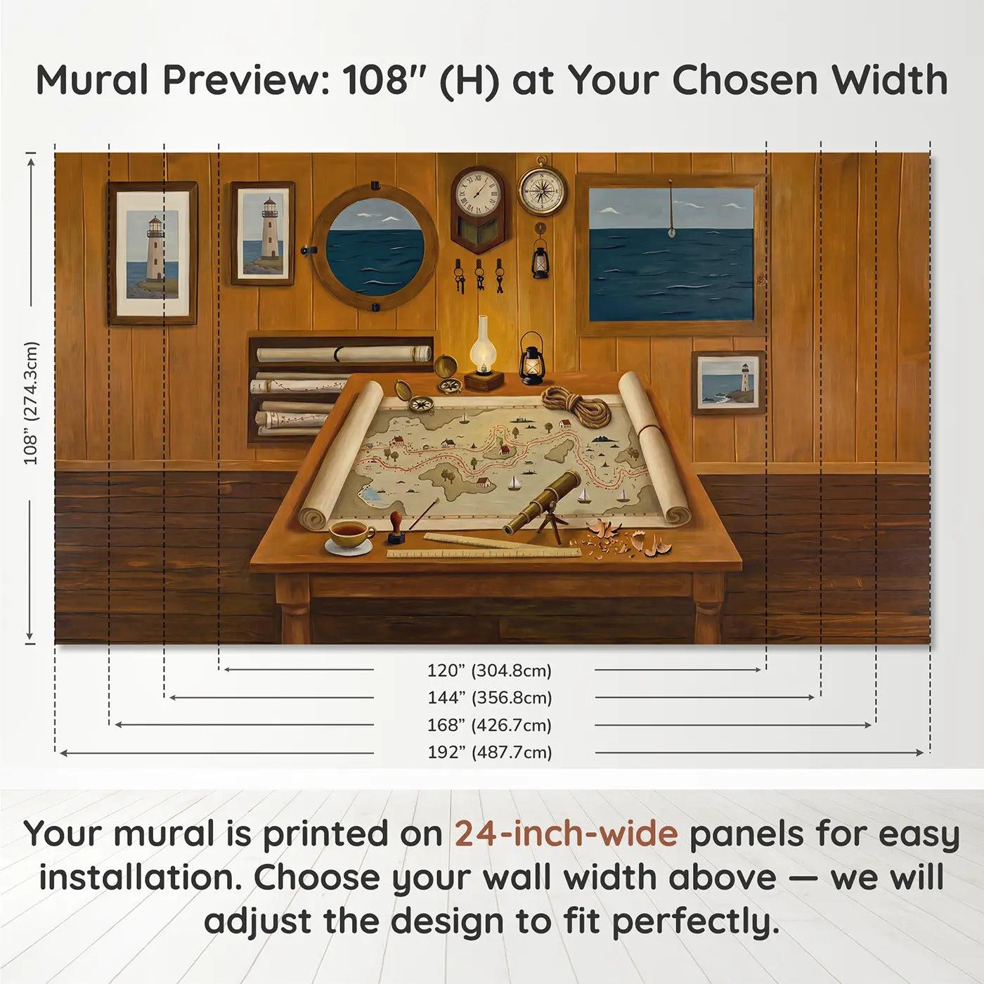 Panel layout and dimensions for Nautical Chart Table Wallpaper Mural by Whimsy Tots