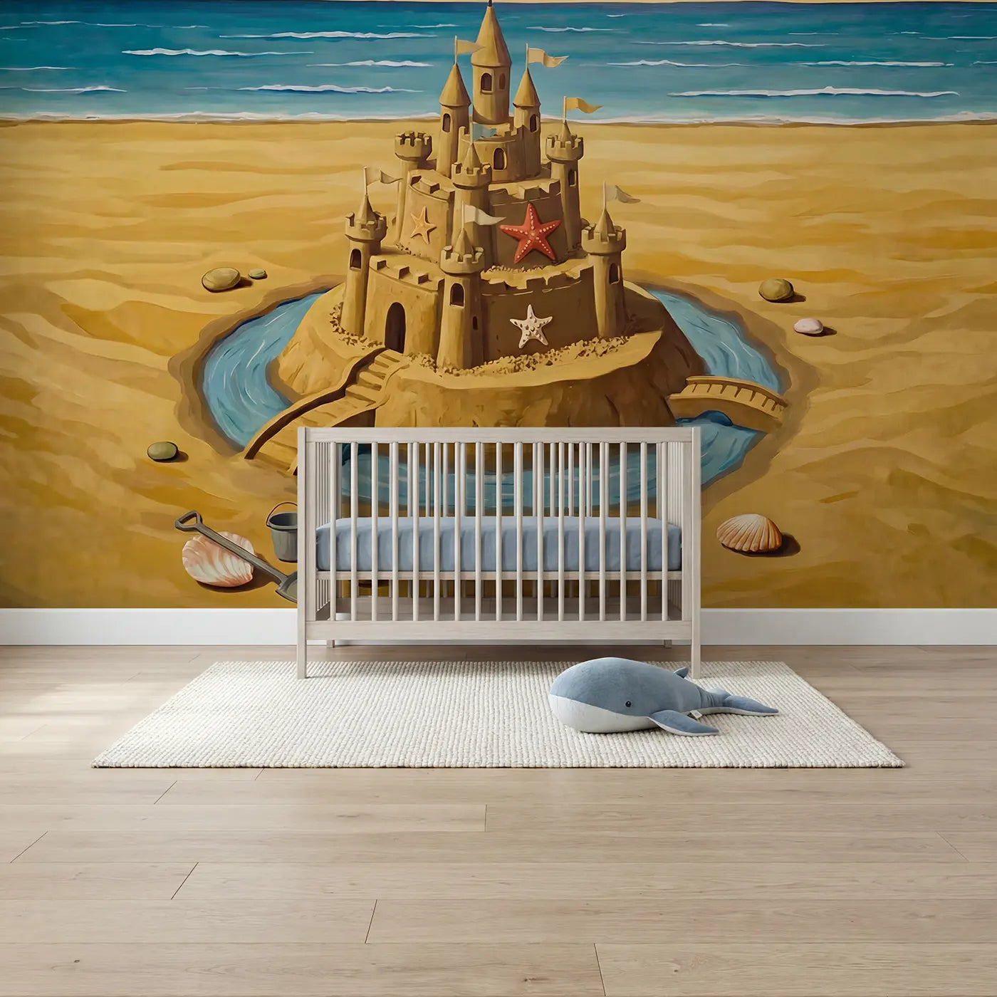 Modern illustration sandcastle coastal wallpaper mural for nursery by Whimsy Tots