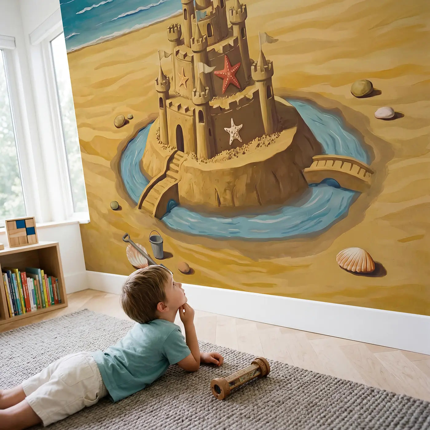 Child in nursery with Beach Sandcastle Kingdom Wallpaper Mural by Whimsy Tots