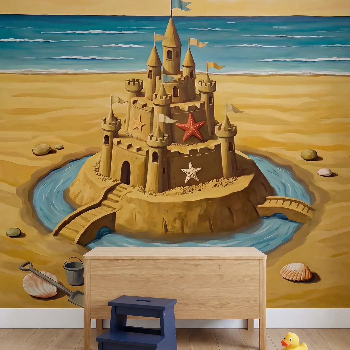 Beach Sandcastle Kingdom Wallpaper Mural in playroom setting by Whimsy Tots