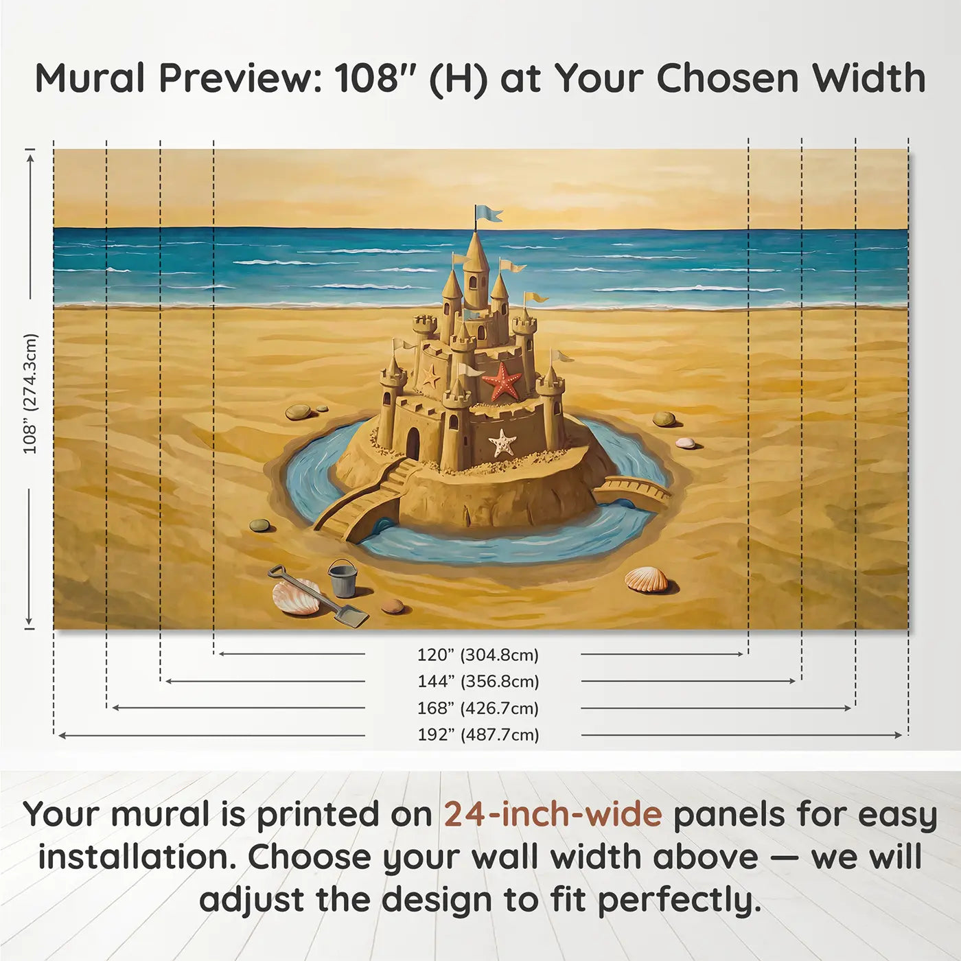 Panel layout and dimensions for Beach Sandcastle Kingdom Wallpaper Mural by Whimsy Tots