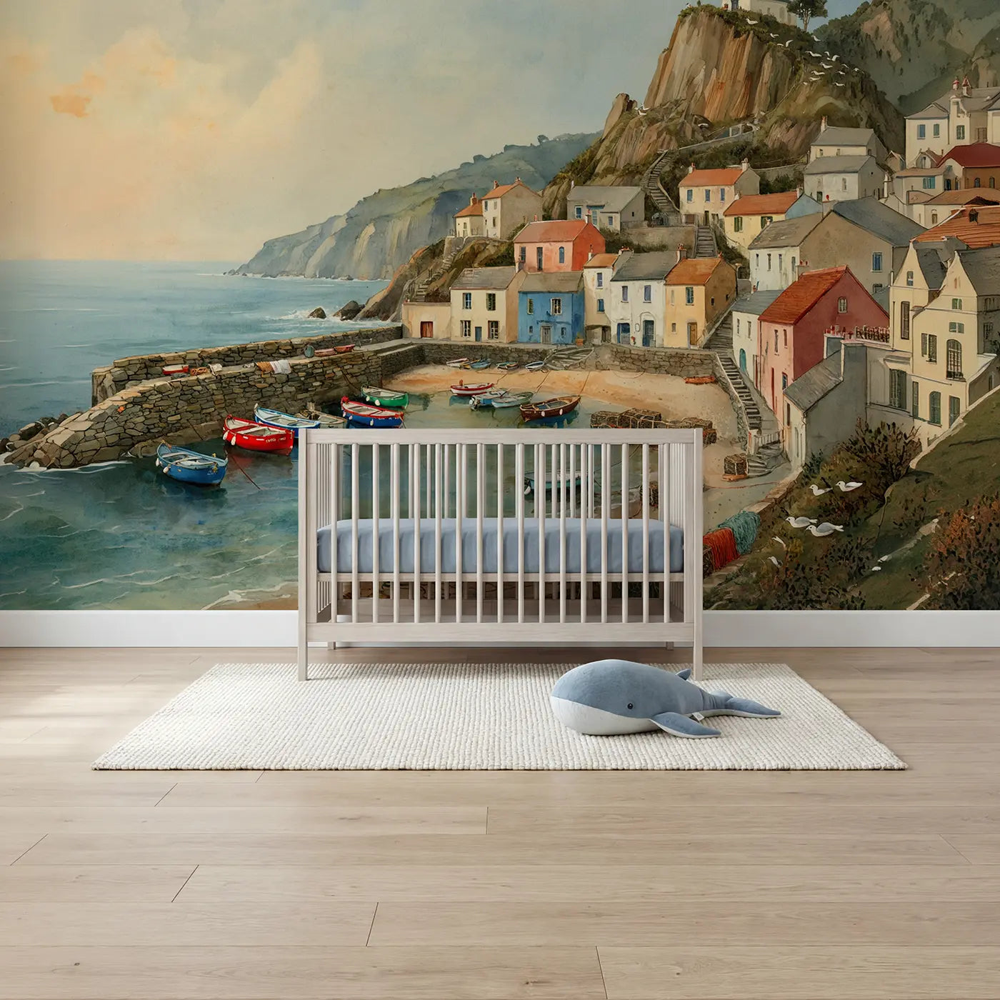 Watercolor cliff cove fishing village coastal wallpaper mural for boys room by Whimsy Tots