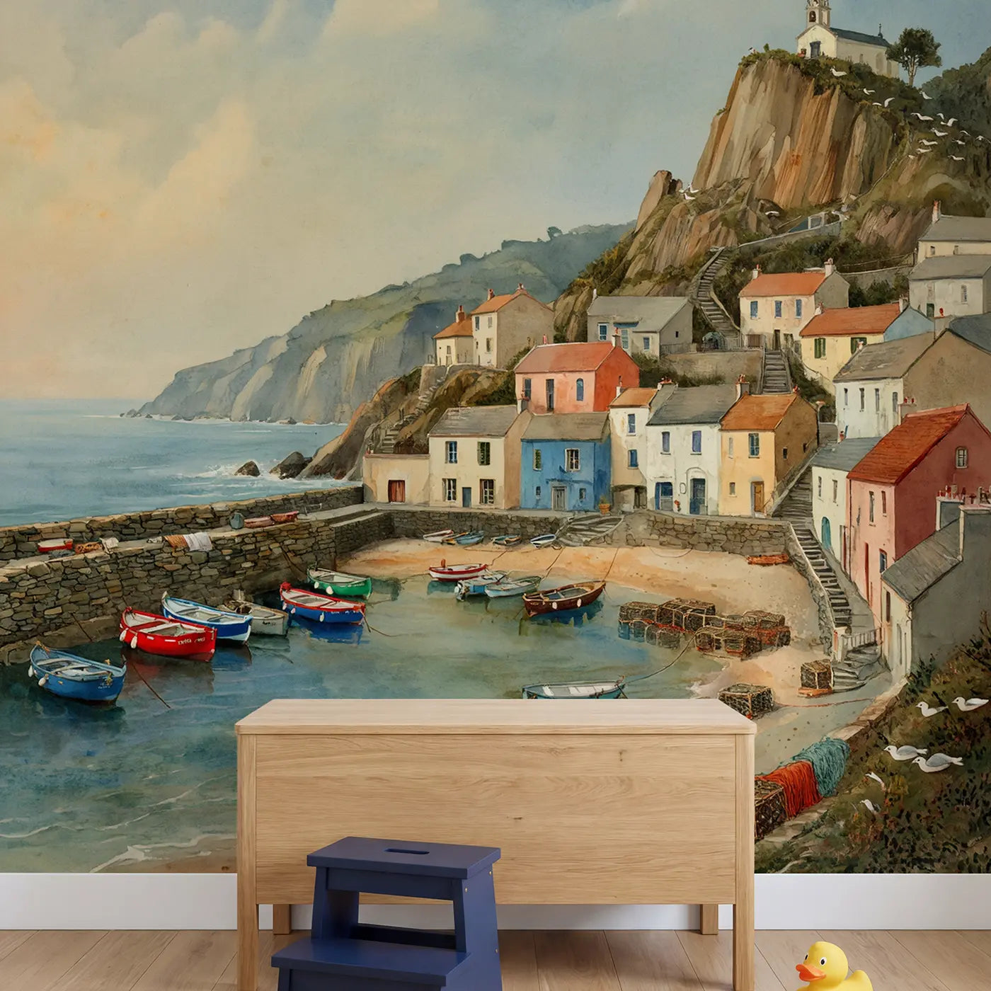 Cliff Cove Fishing Village Wallpaper Mural in playroom setting by Whimsy Tots