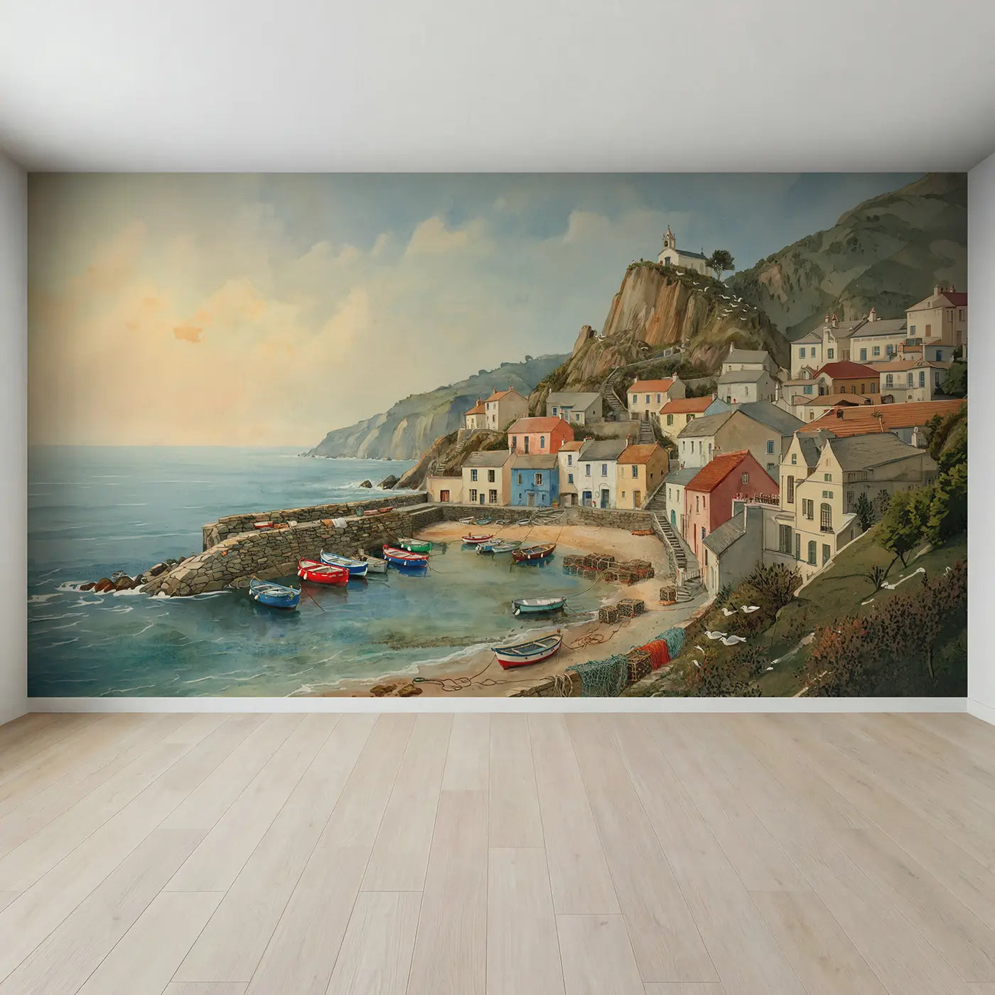 Full view of Cliff Cove Fishing Village Wallpaper Mural by Whimsy Tots