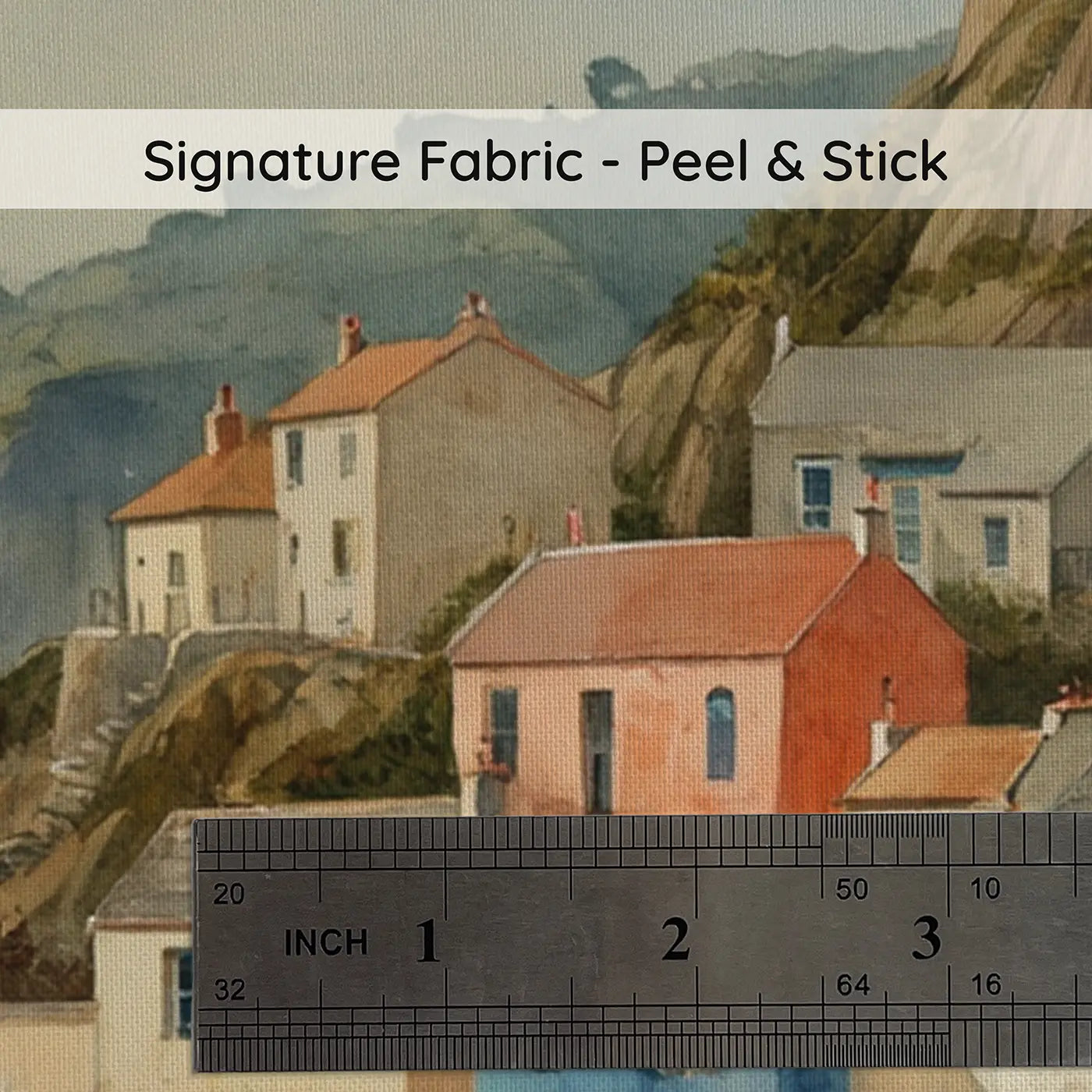 Fabric texture close-up of Cliff Cove Fishing Village Wallpaper Mural by Whimsy Tots