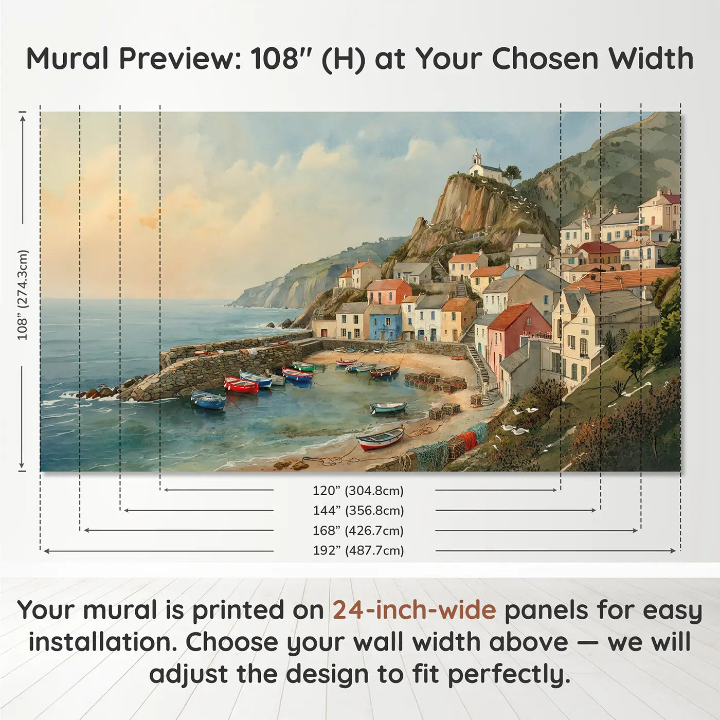 Panel layout and dimensions for Cliff Cove Fishing Village Wallpaper Mural by Whimsy Tots
