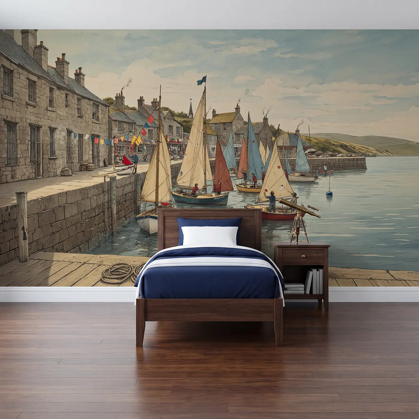 Storybook harbor regatta sailboat wallpaper mural for kids room by Whimsy Tots