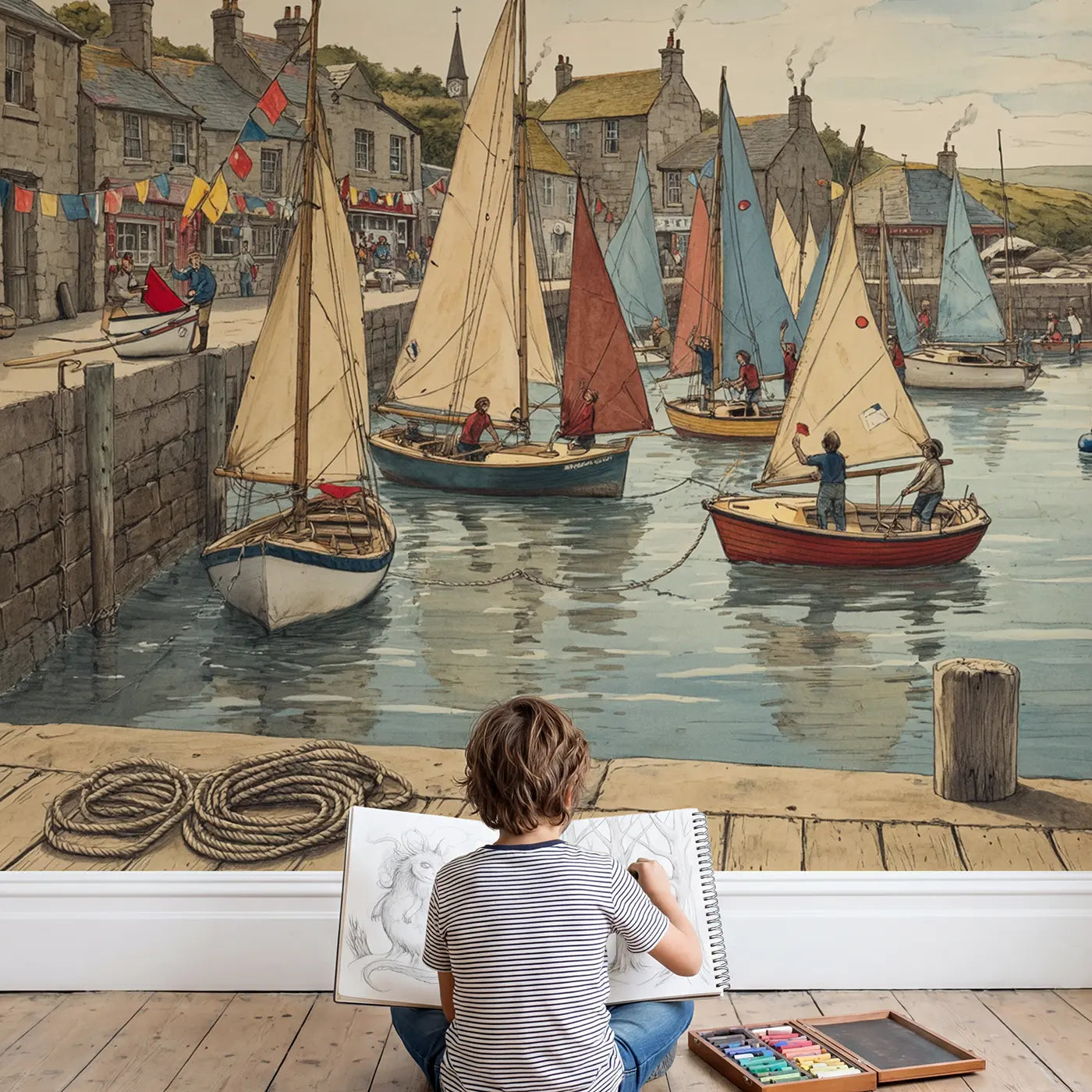 Child in nursery with Harbor Regatta Morning Wallpaper Mural by Whimsy Tots