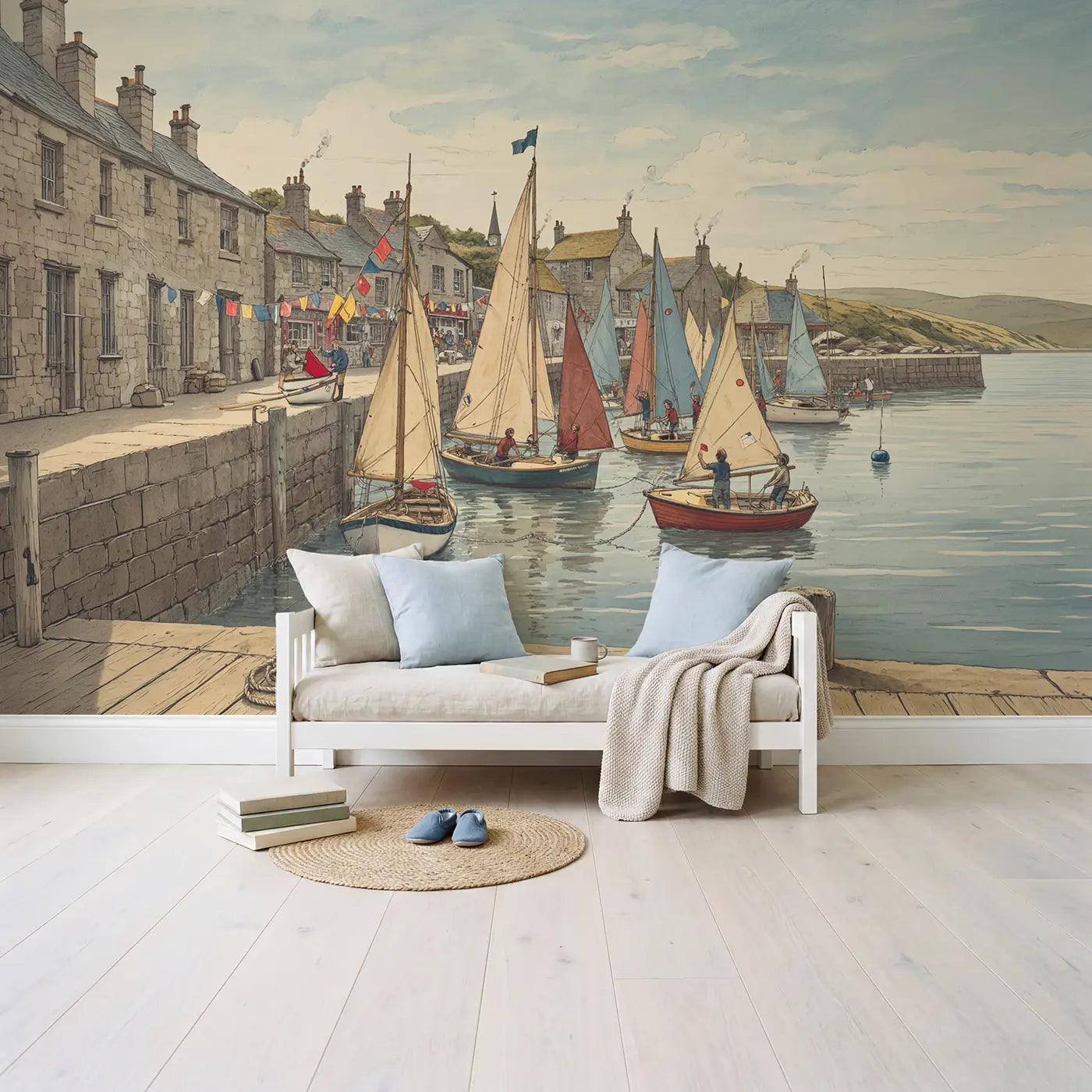 Harbor Regatta Morning Wallpaper Mural in playroom setting by Whimsy Tots