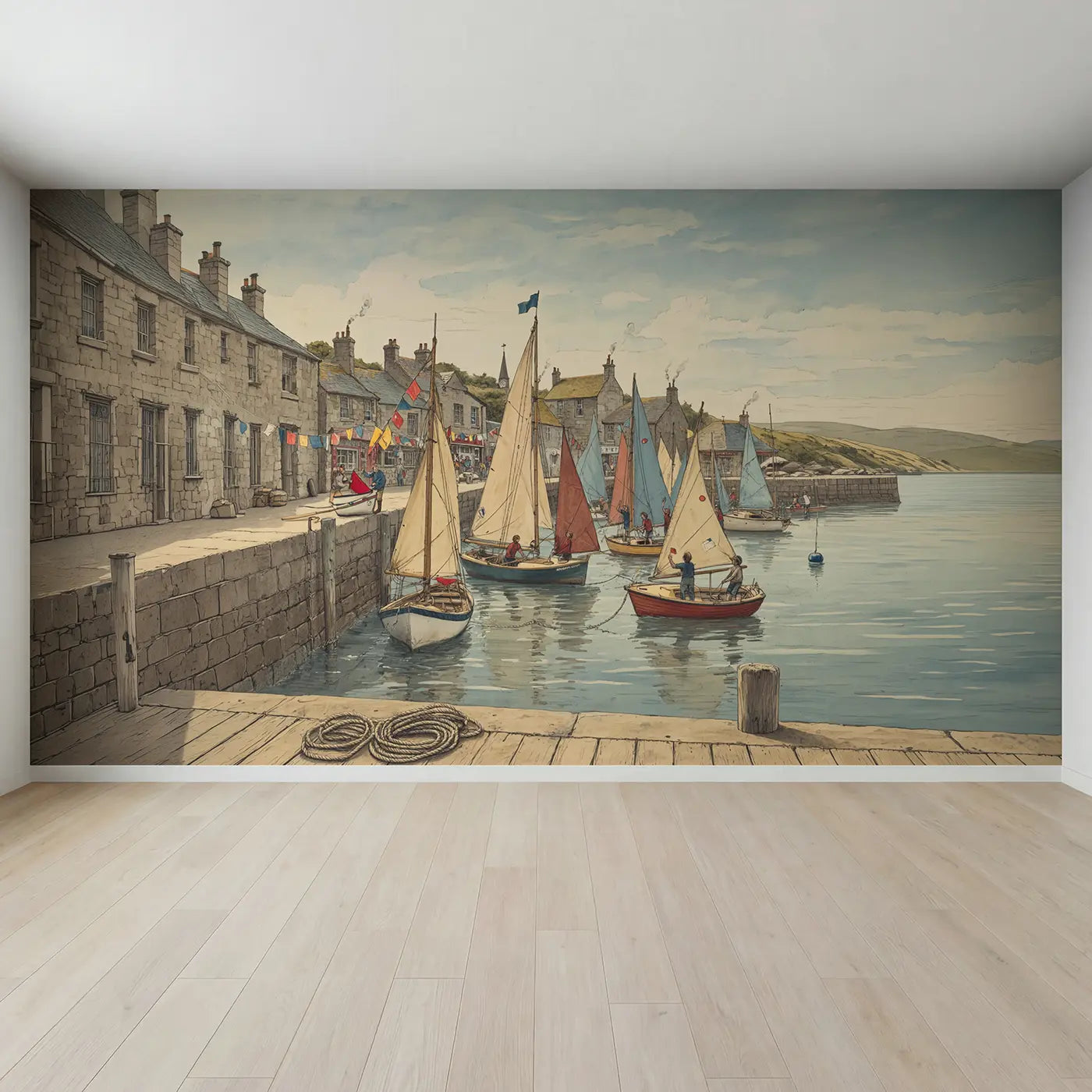 Full view of Harbor Regatta Morning Wallpaper Mural by Whimsy Tots