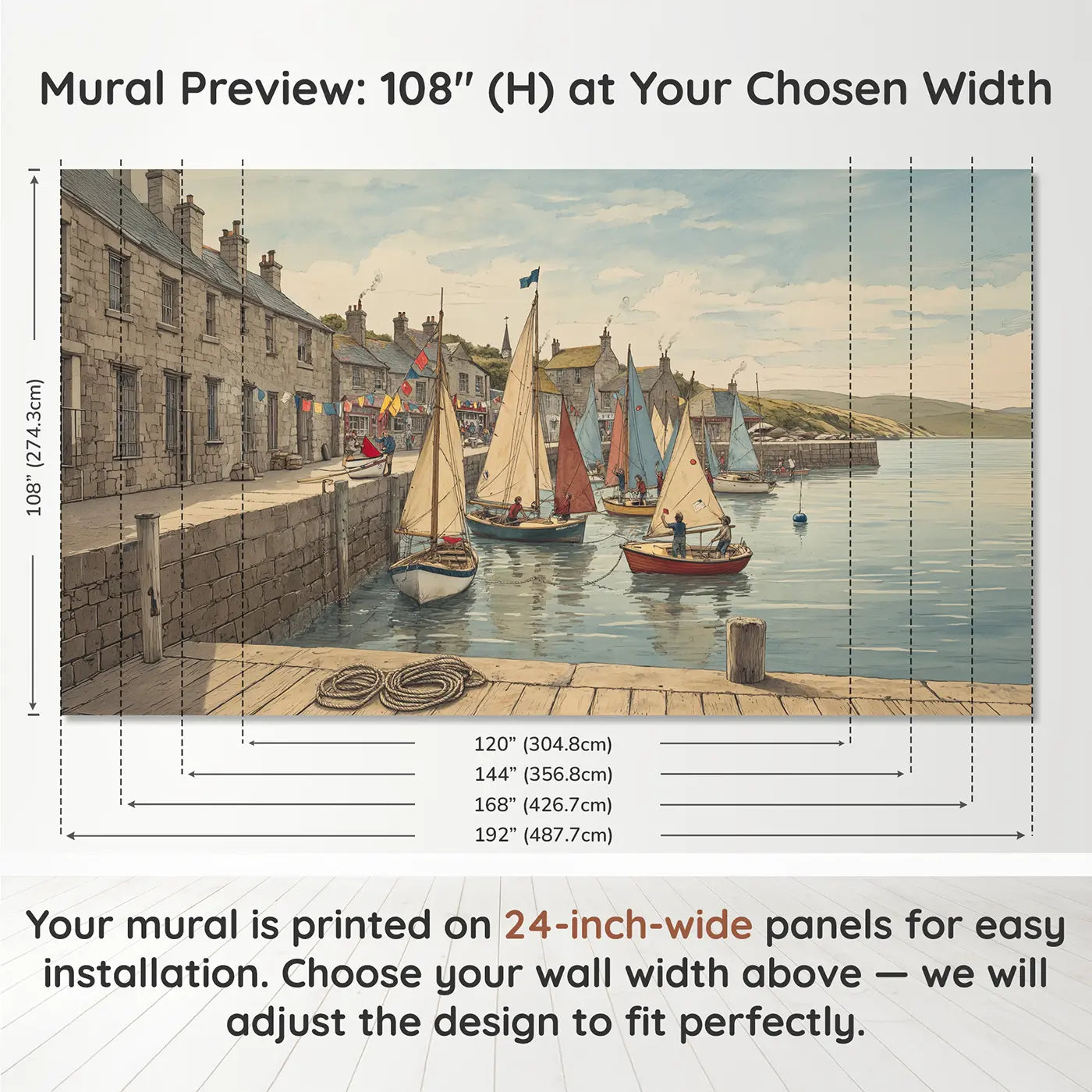Panel layout and dimensions for Harbor Regatta Morning Wallpaper Mural by Whimsy Tots