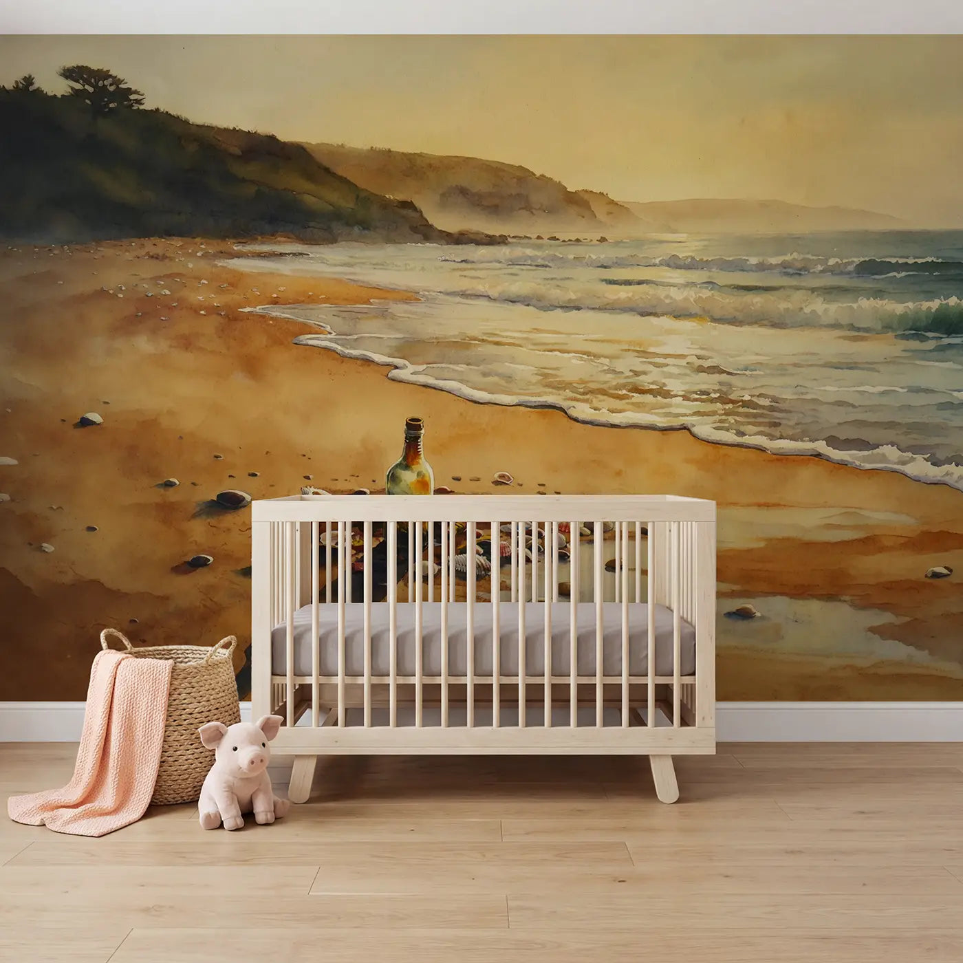 Watercolor message bottle sandy shore wallpaper mural for girls room by Whimsy Tots