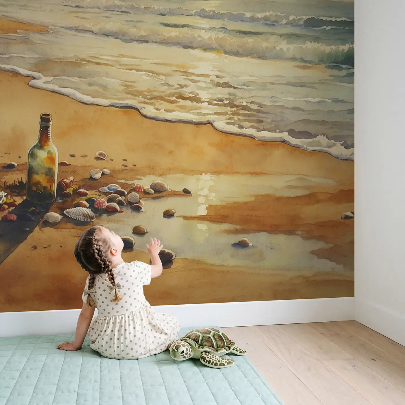 Child in nursery with Message Bottle Shore Wallpaper Mural by Whimsy Tots