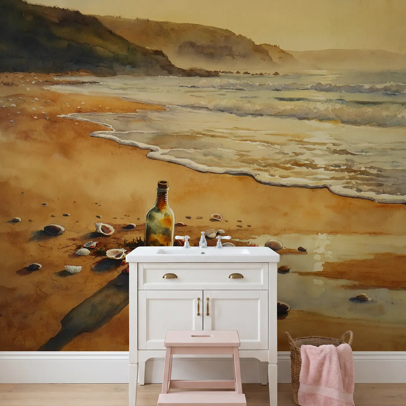 Message Bottle Shore Wallpaper Mural in playroom setting by Whimsy Tots
