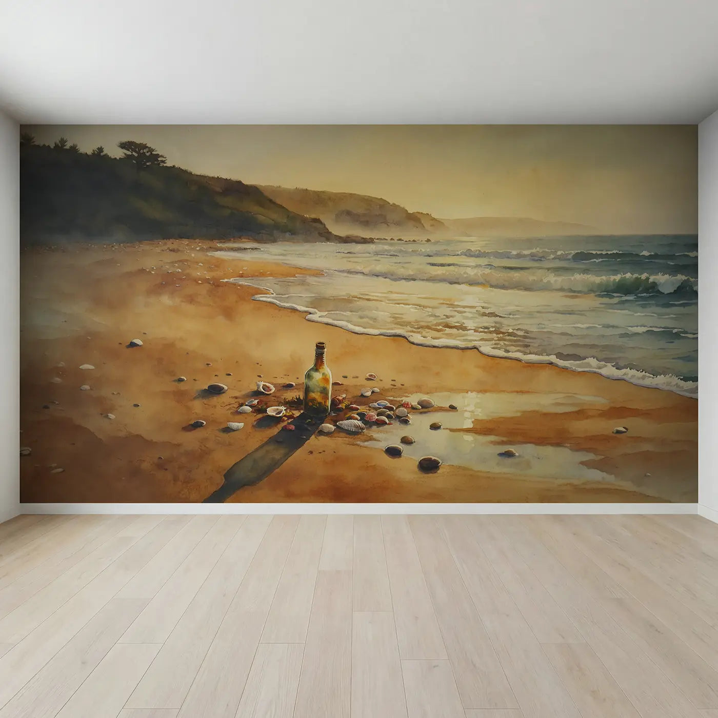 Full view of Message Bottle Shore Wallpaper Mural by Whimsy Tots