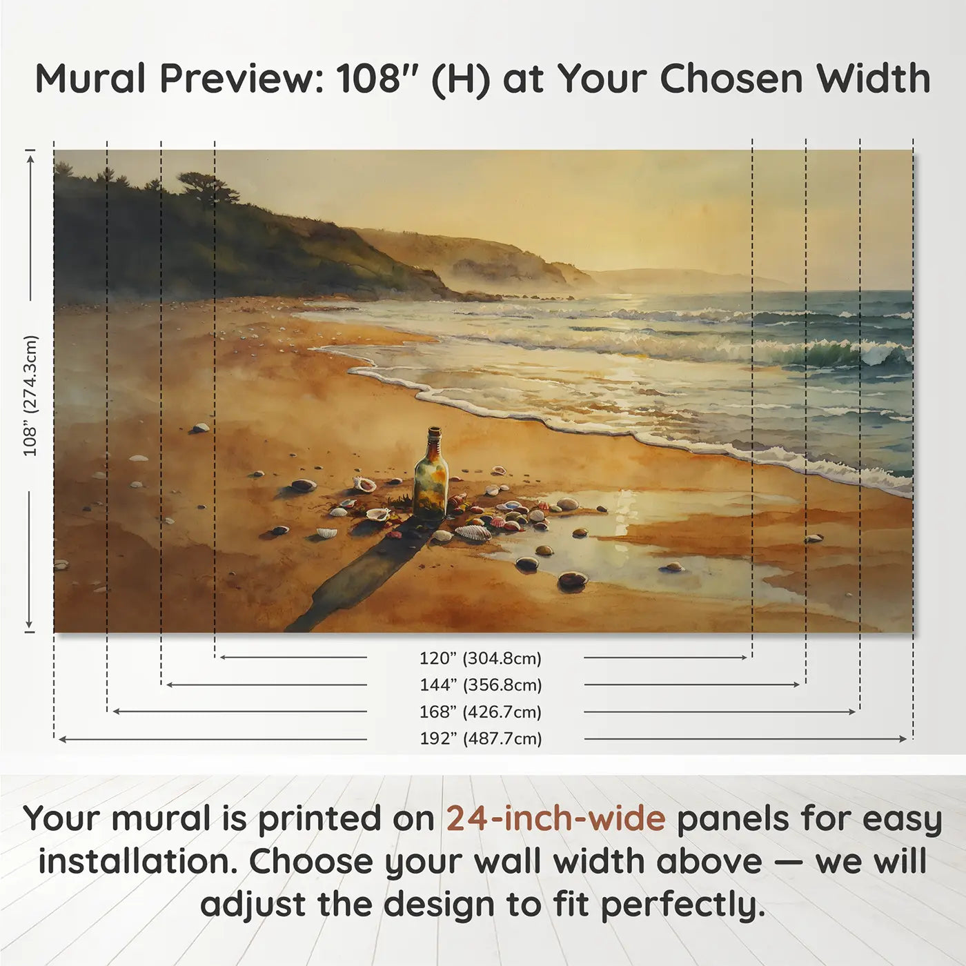 Panel layout and dimensions for Message Bottle Shore Wallpaper Mural by Whimsy Tots