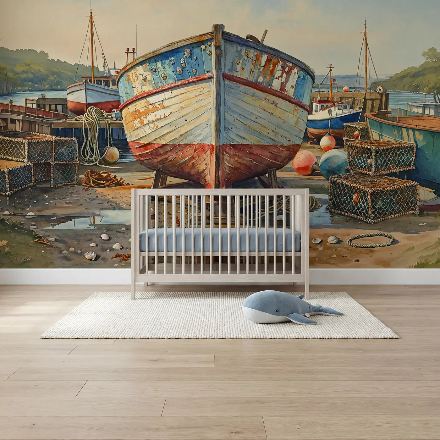 watercolor fishing boat hull boatyard coastal wallpaper mural for nursery by Whimsy Tots