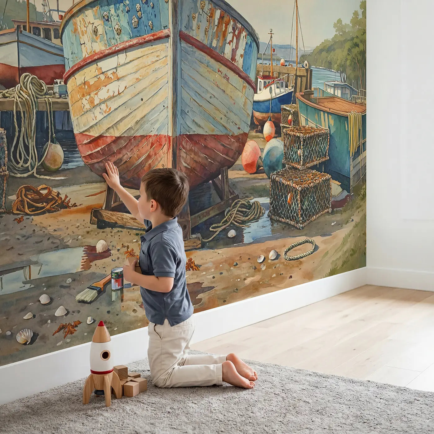 Child in nursery with Fishing Boat Hull Close Up Wallpaper Mural by Whimsy Tots