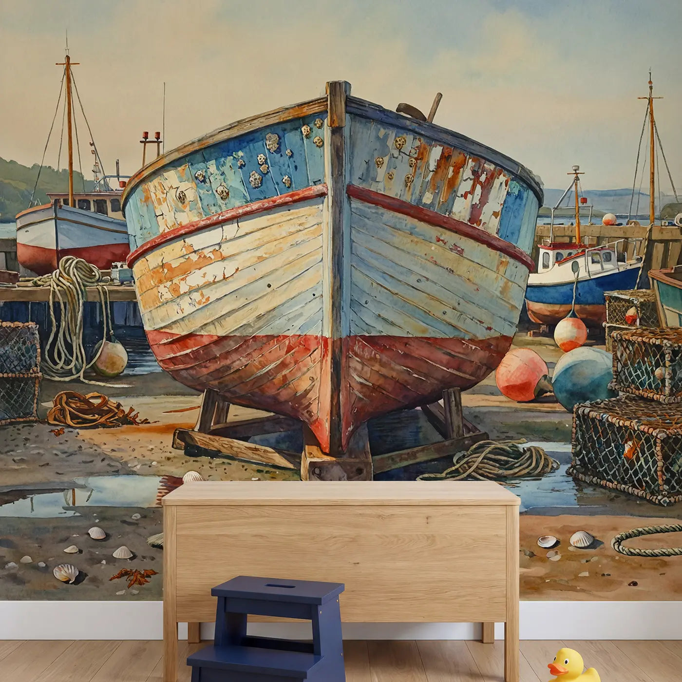 Fishing Boat Hull Close Up Wallpaper Mural in playroom setting by Whimsy Tots