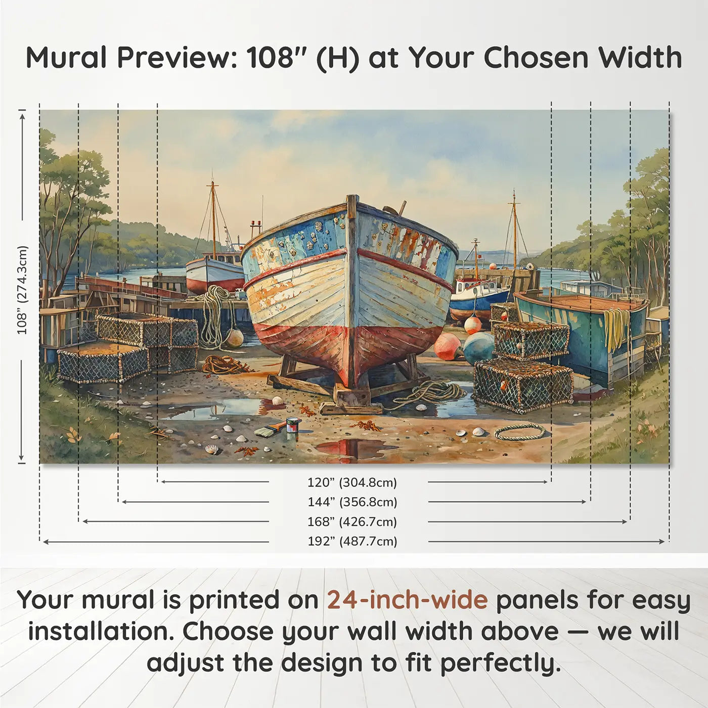 Panel layout and dimensions for Fishing Boat Hull Close Up Wallpaper Mural by Whimsy Tots