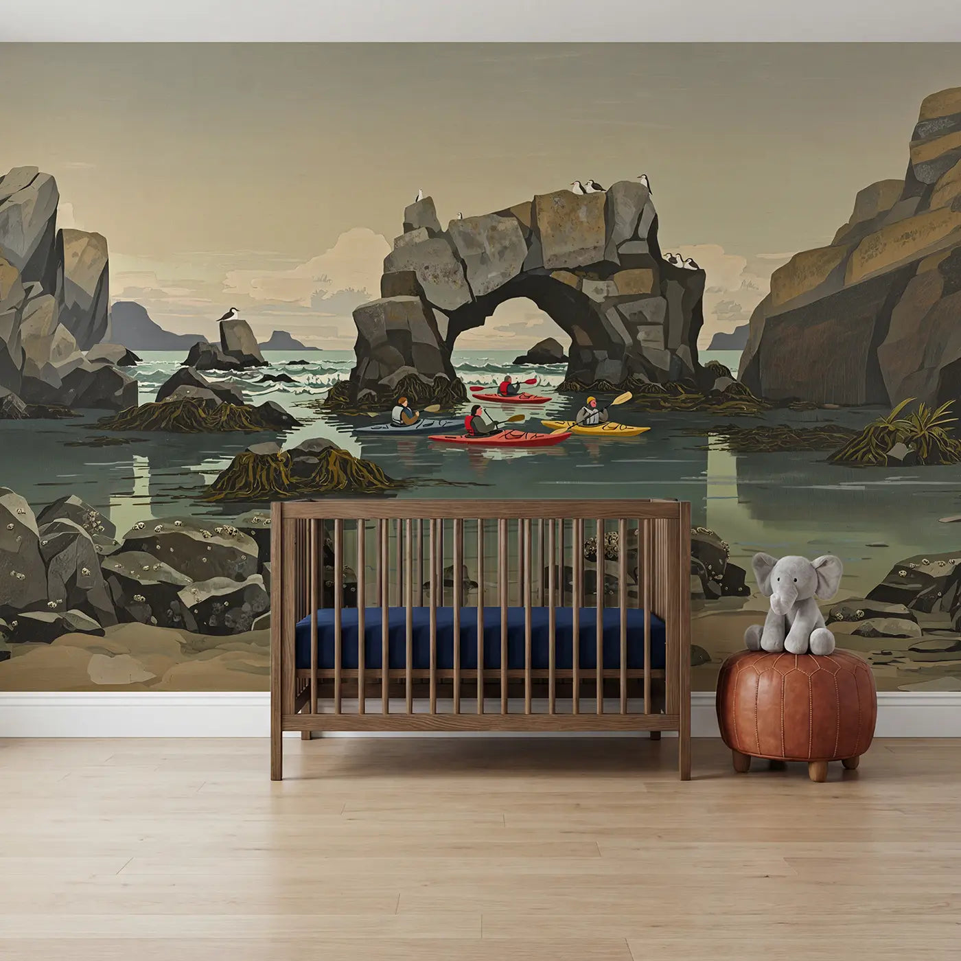 Modern Illustration coastal cove kayak adventure wallpaper mural for kids room by Whimsy Tots