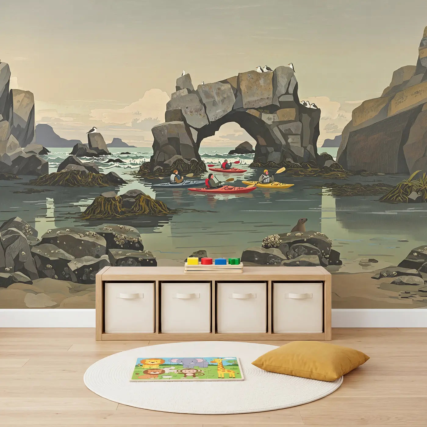 Coastal Cove Kayak Adventure Wallpaper Mural in playroom setting by Whimsy Tots