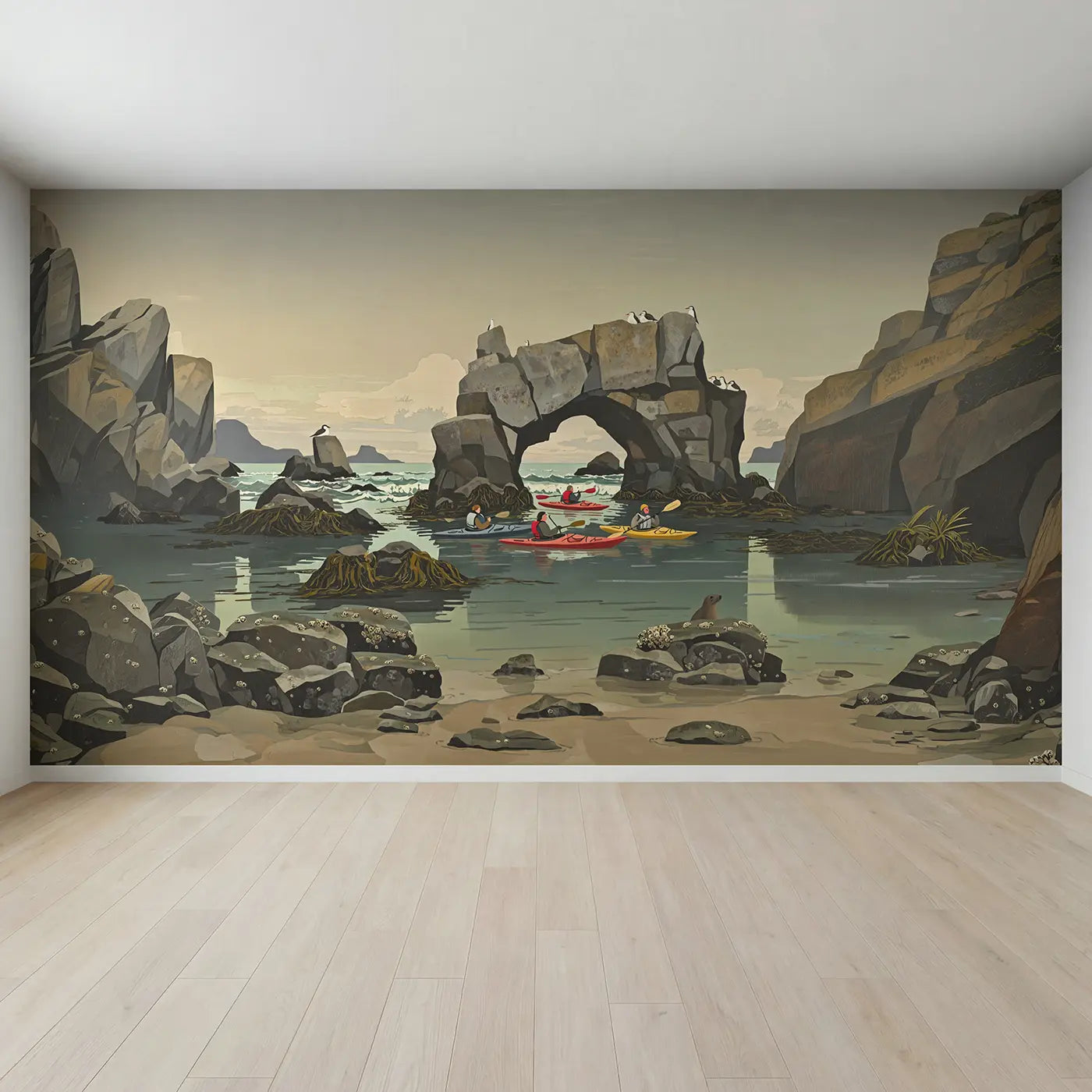 Full view of Coastal Cove Kayak Adventure Wallpaper Mural by Whimsy Tots