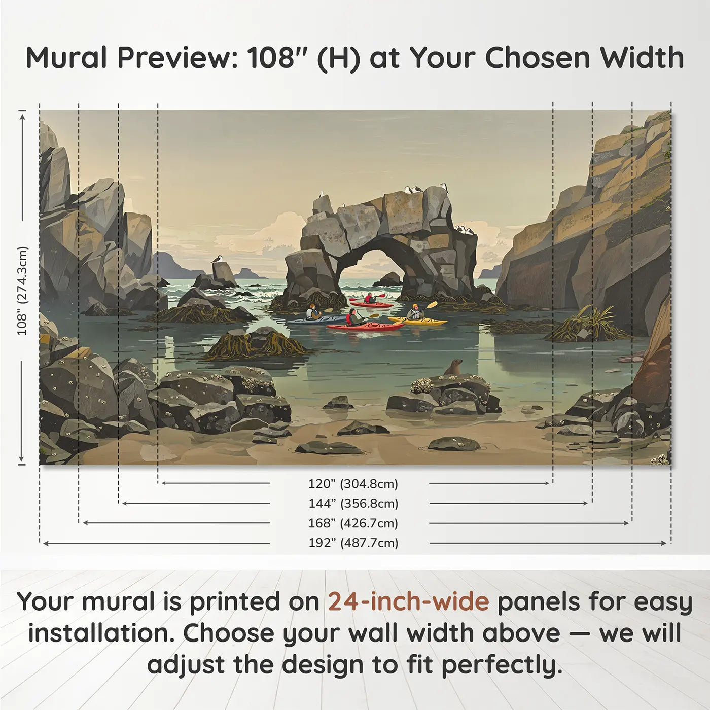 Panel layout and dimensions for Coastal Cove Kayak Adventure Wallpaper Mural by Whimsy Tots