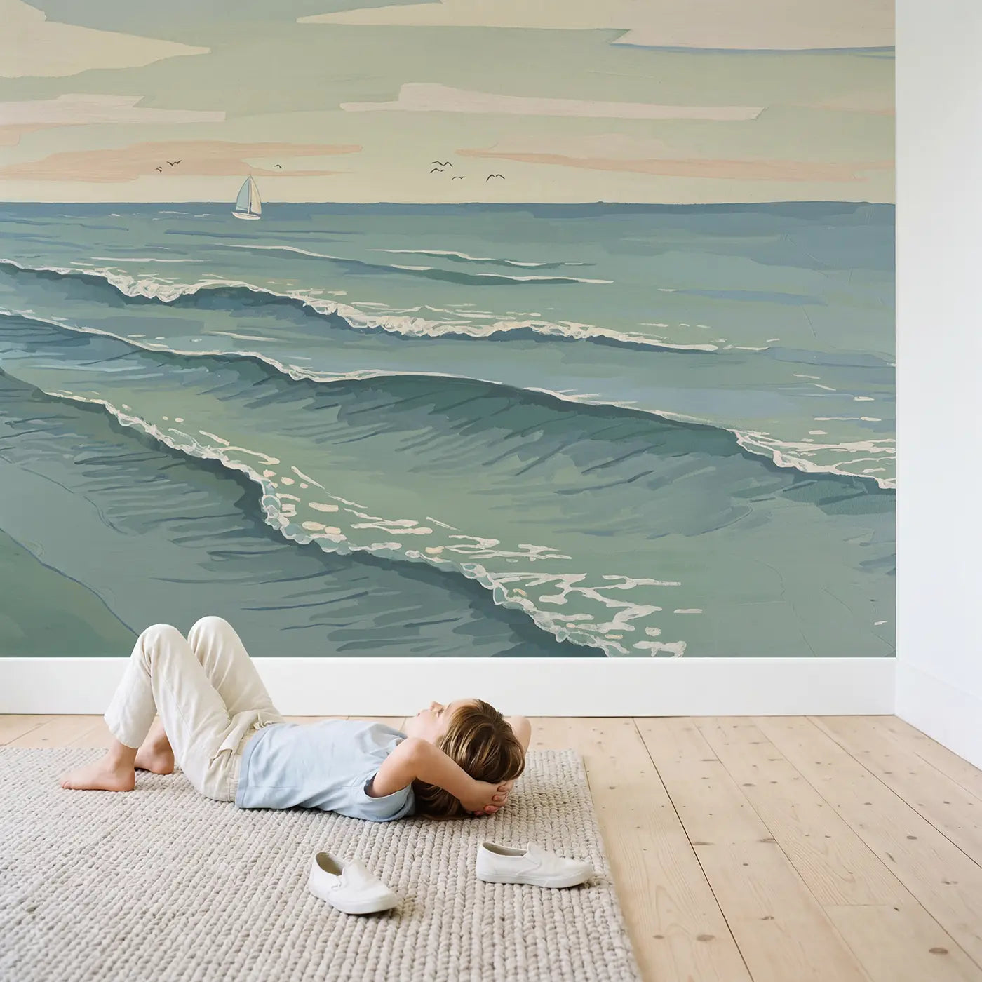 Child in nursery with Calm Open Ocean Wallpaper Mural by Whimsy Tots