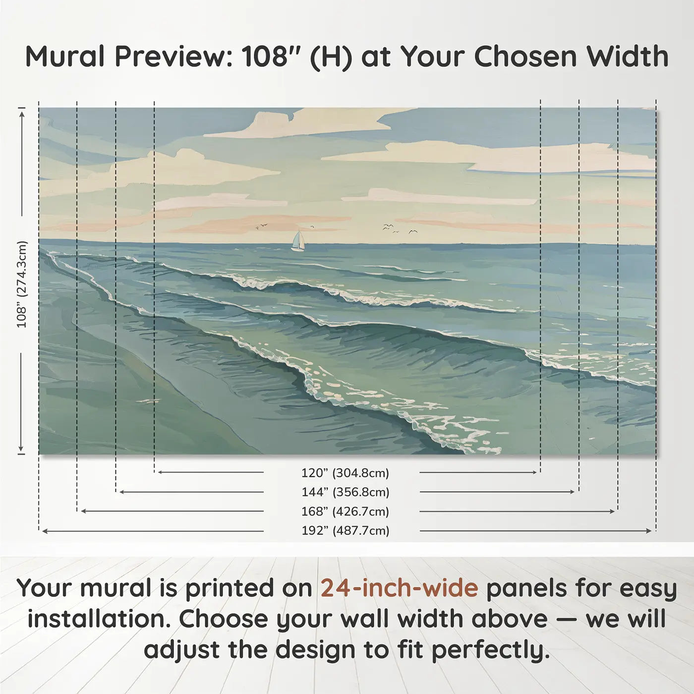 Panel layout and dimensions for Calm Open Ocean Wallpaper Mural by Whimsy Tots