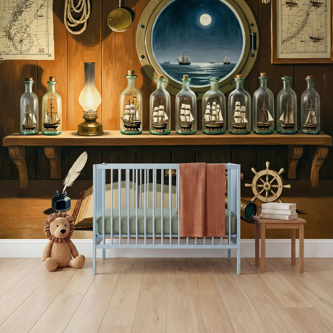Painted landscape ship bottles study wallpaper mural for kids room by Whimsy Tots