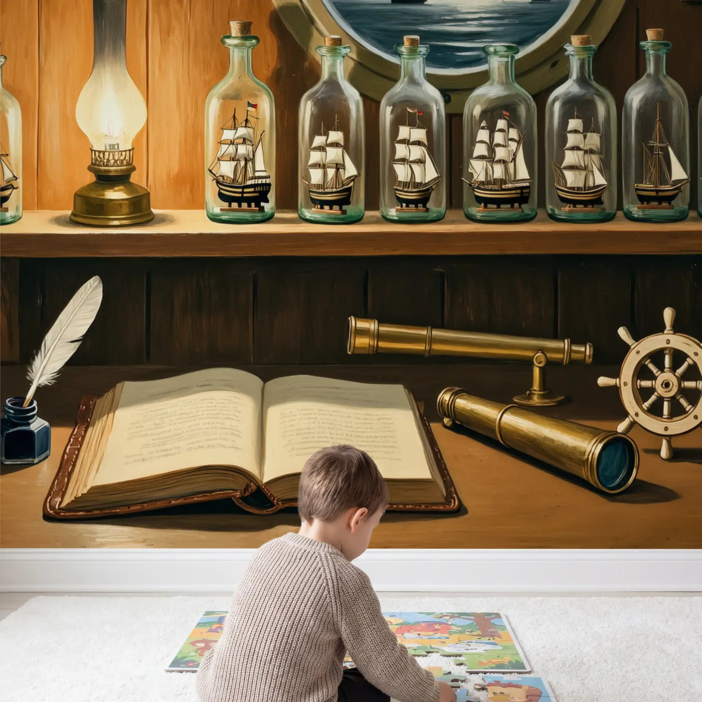 Child in nursery with Captains Study Ship Bottles Wallpaper Mural by Whimsy Tots