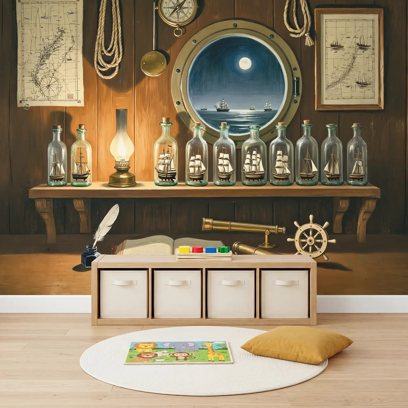 Captains Study Ship Bottles Wallpaper Mural in playroom setting by Whimsy Tots